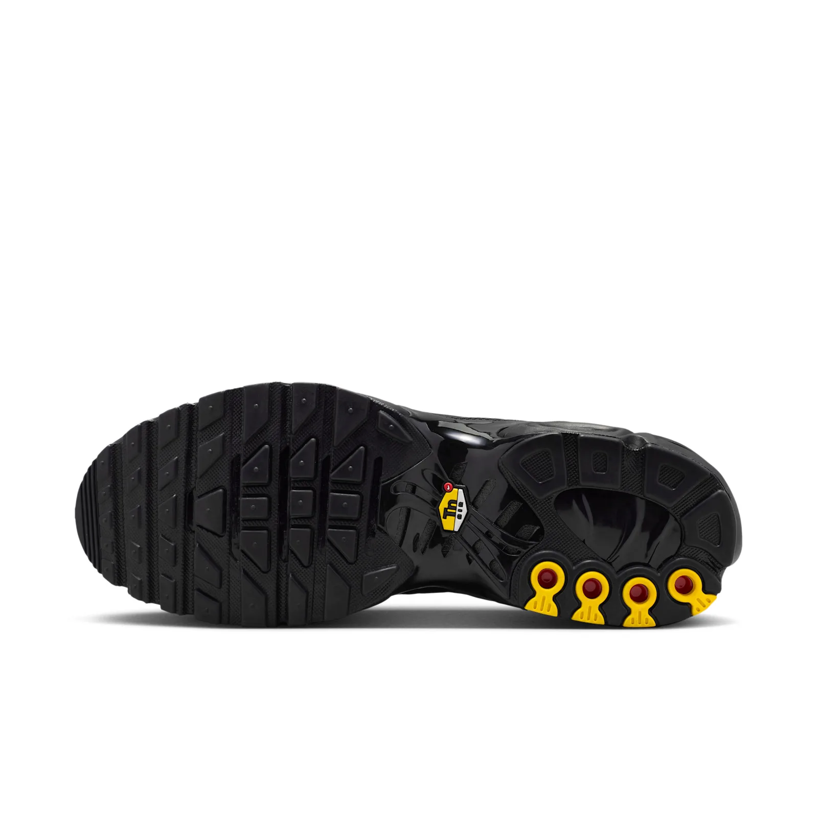 Outsole view, black tread with four yellow and red heel pods and small Tn logo, Max Plus Cordura