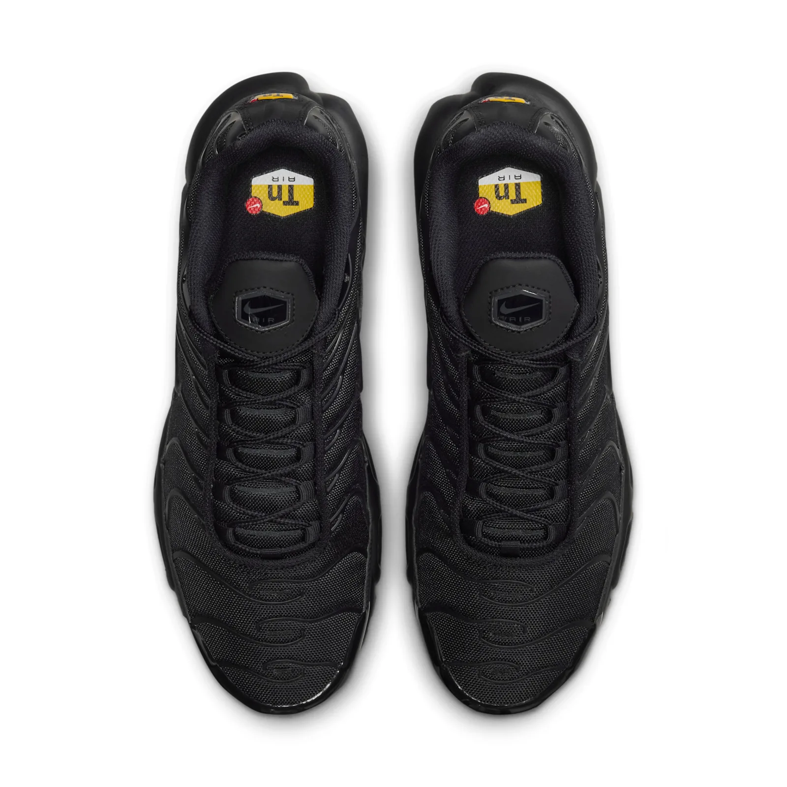 Top-down view of pair, black laces and yellow Tn Air logo on the insole, Max Plus Cordura