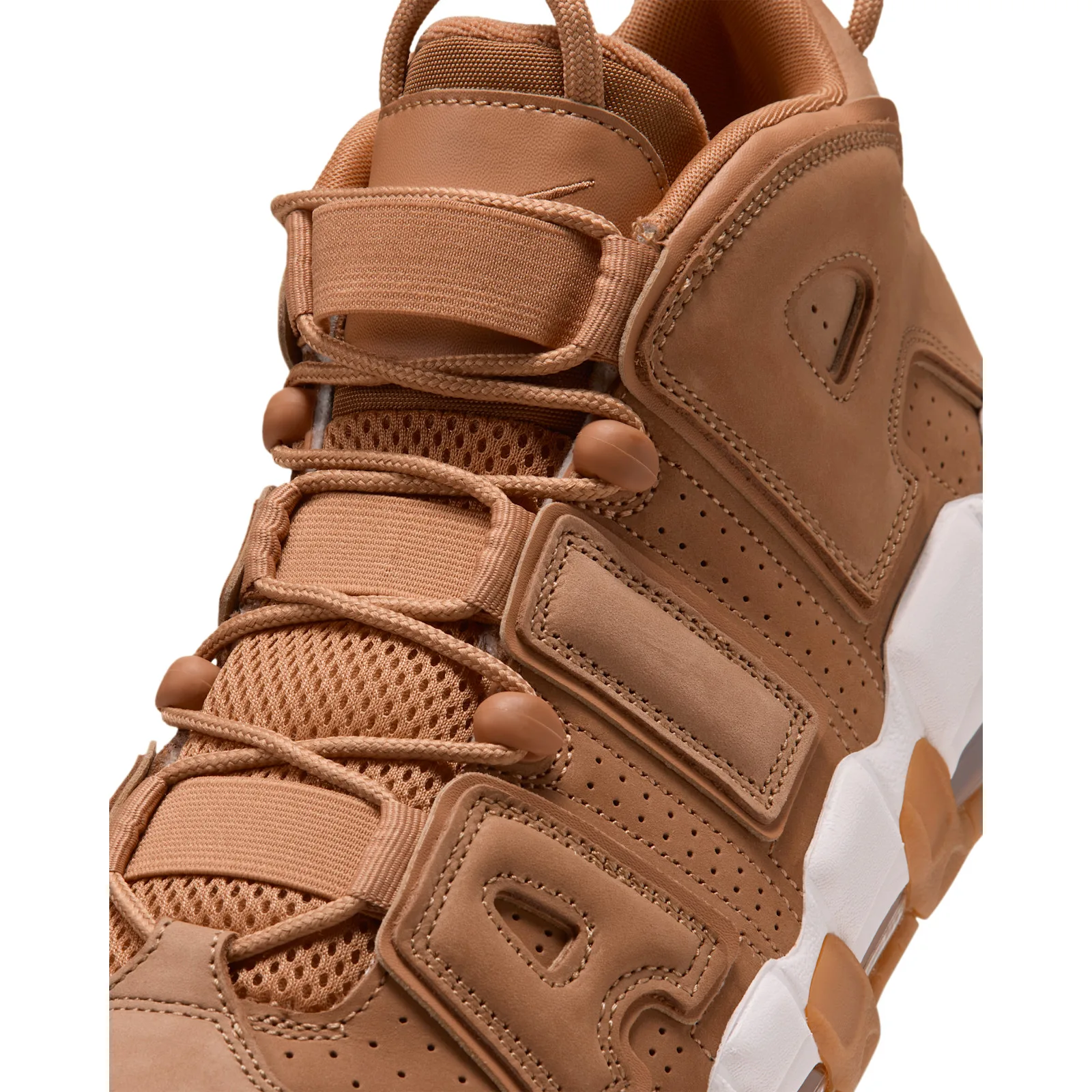 Top-down detail of tan nubuck upper, mesh tongue, tan laces and white midsole with gum accents, Wheat