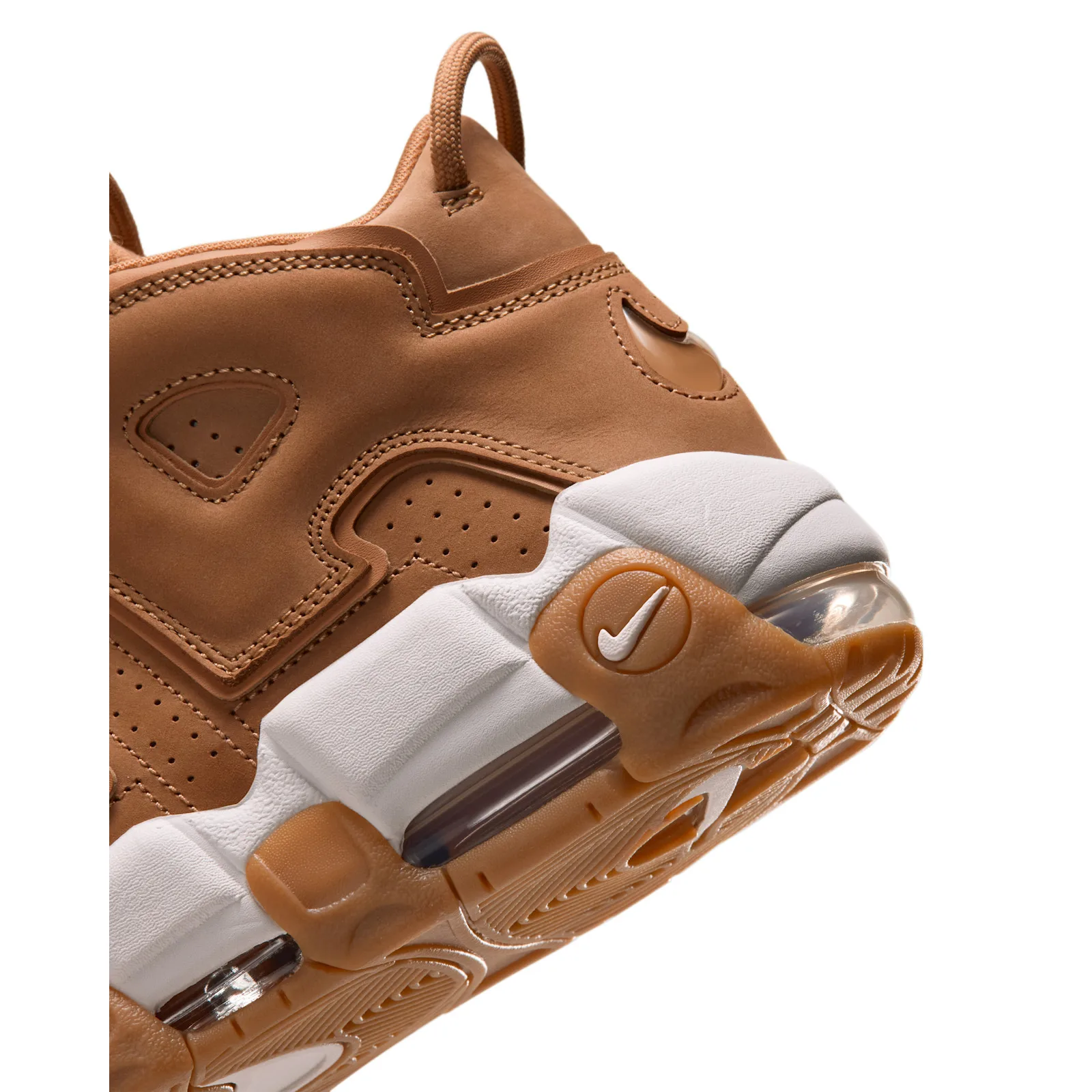 Heel detail with tan nubuck upper, white midsole, clear Air unit and gum outsole with Swoosh, Wheat