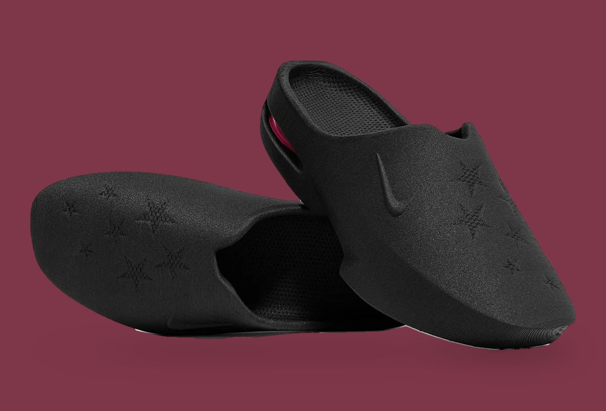 Pair of black mules stacked on maroon, star pattern on uppers and a pink heel glimpse, Air Max Mule