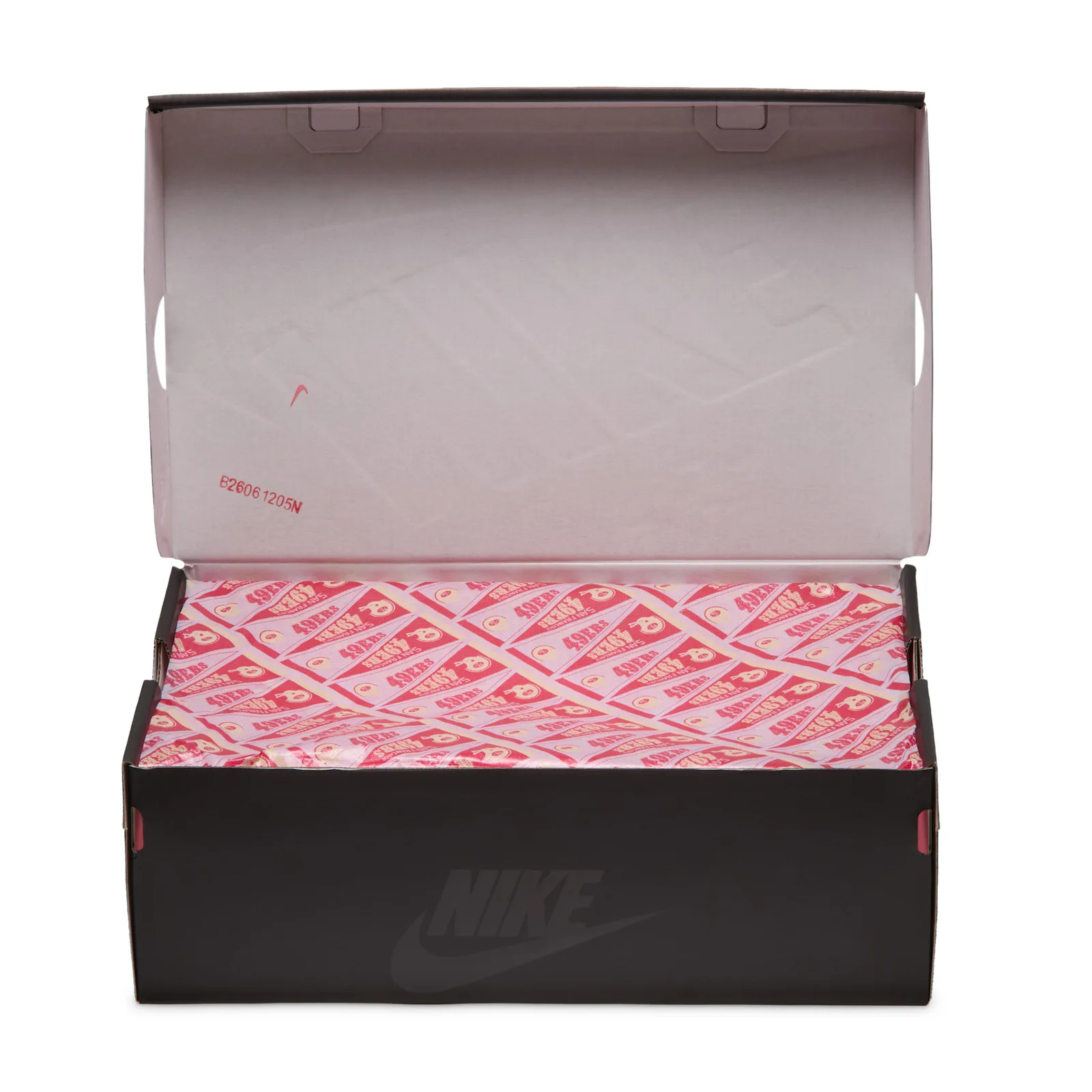 Open black Nike shoe box with red and pink 49ers pennant tissue paper inside, NFL Pack