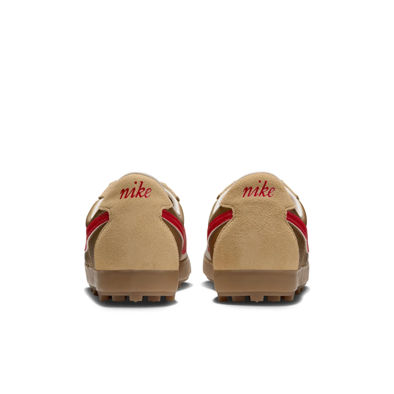 Heel view of the pair with red script nike on tan suede tabs and gum soles, NFL Pack
