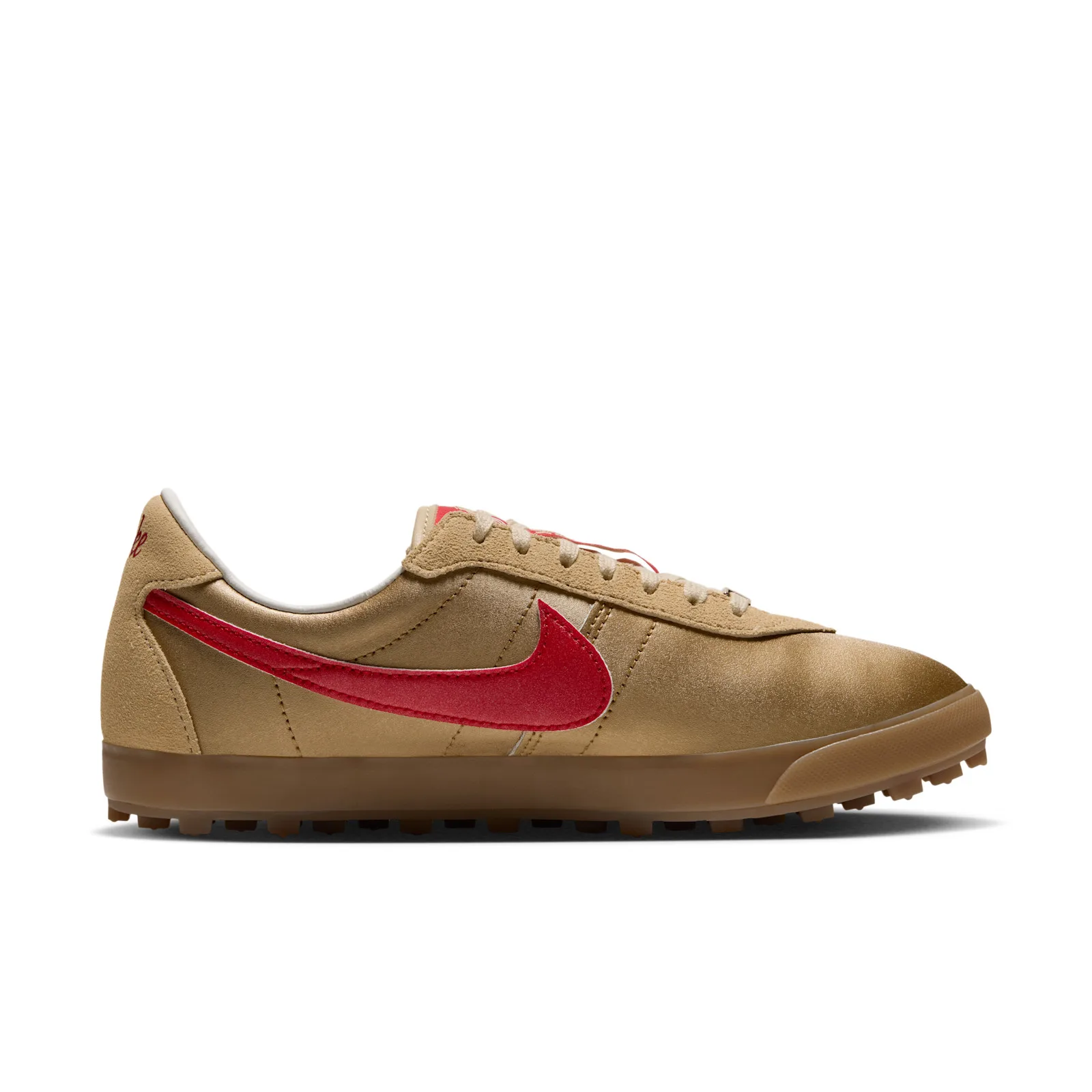 Medial view showing a red swoosh, tan suede heel tab and gum cleated outsole, NFL Pack