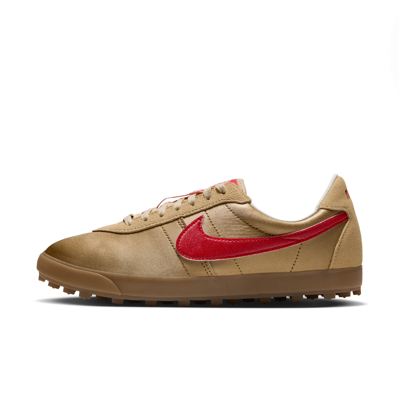 Lateral view with gold satin upper, large red swoosh, tan suede heel and gum sole, NFL Pack