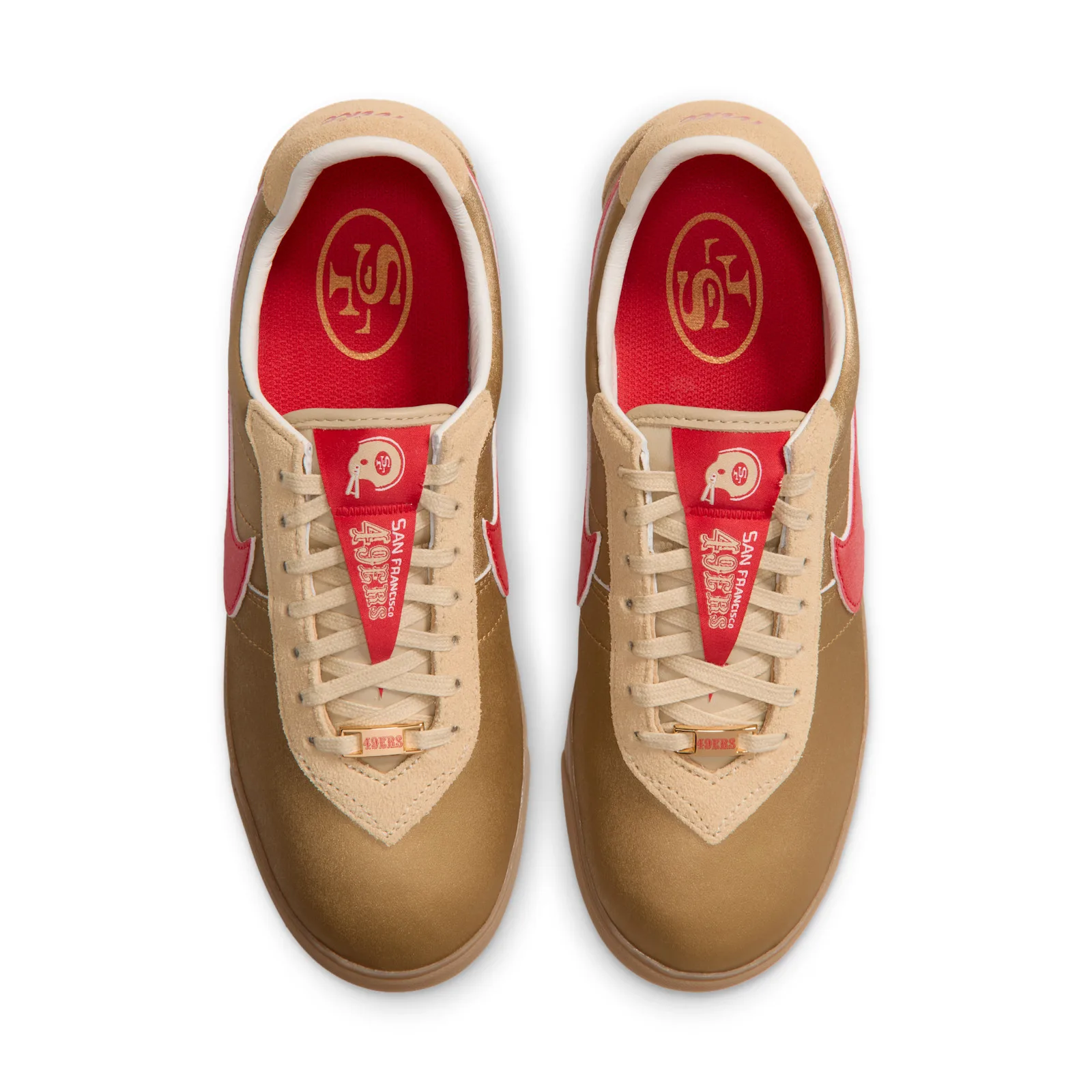 Top-down view of the pair with red 49ers pennant tongues, red insoles and gold lace charms, NFL Pack