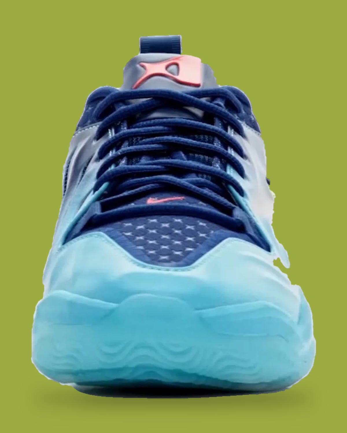 Toe-on view of navy laces, star-pattern mesh, aqua toe cap and red tongue logo on olive, Wheels On