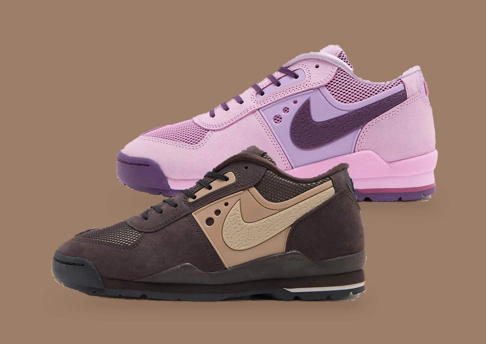 Pink and brown low sneakers overlapping on a tan background, textured Swooshes, Nike Baltoro Low