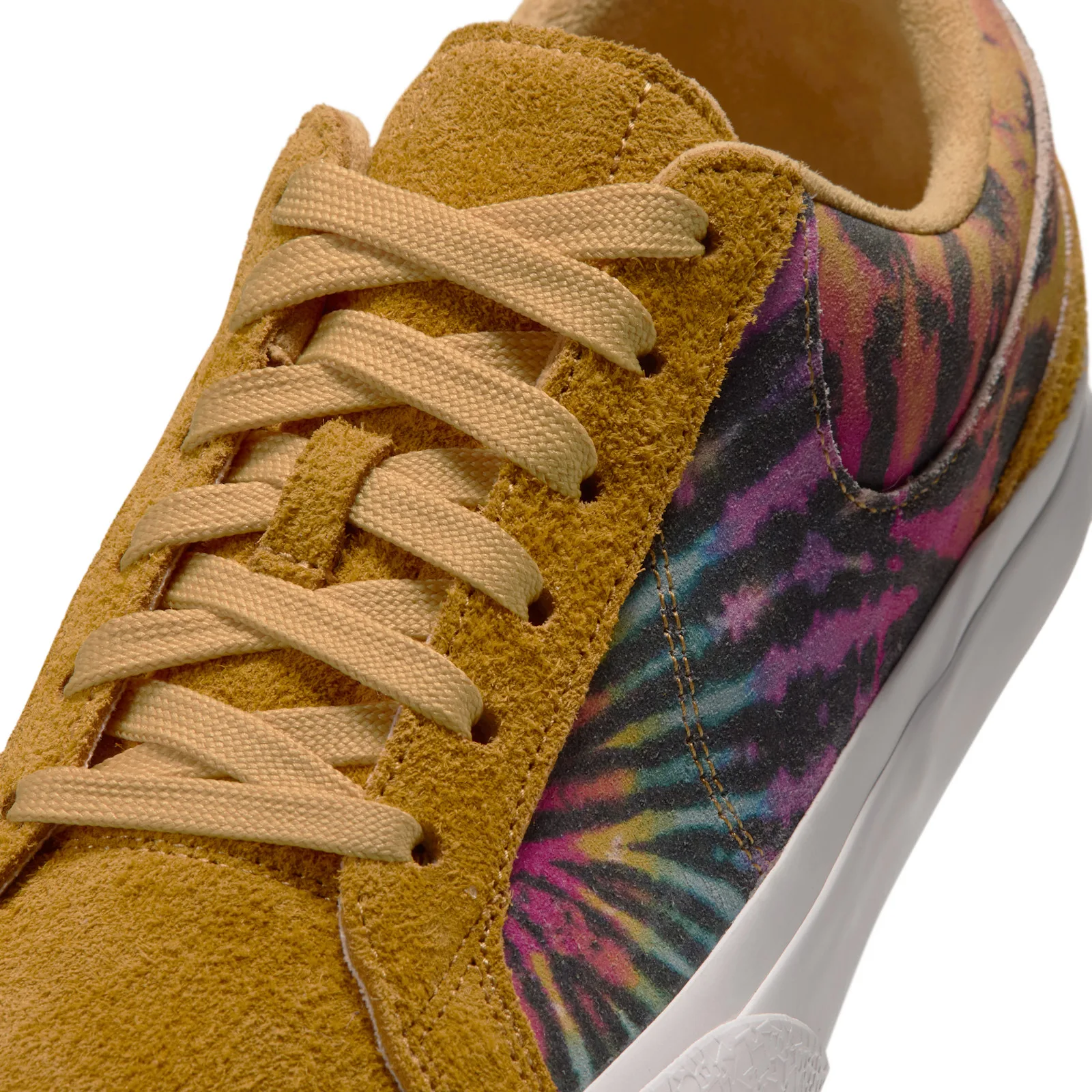 Detail of laces and eyelets, mustard suede, tie-dye panel in pink, teal and black, Tie Dye
