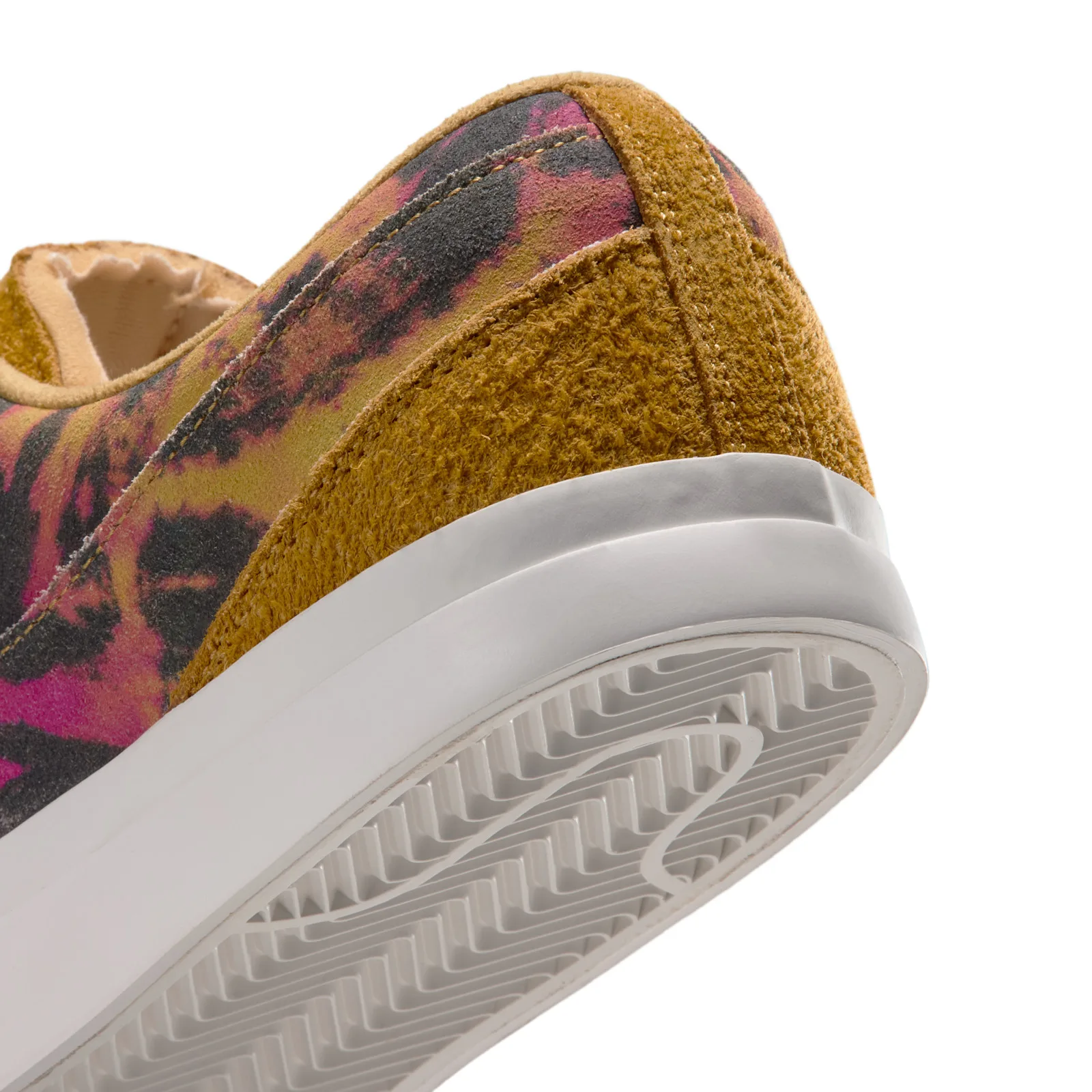 Detail of heel and outsole, mustard hairy suede, pink and black tie-dye, white sole, Tie Dye