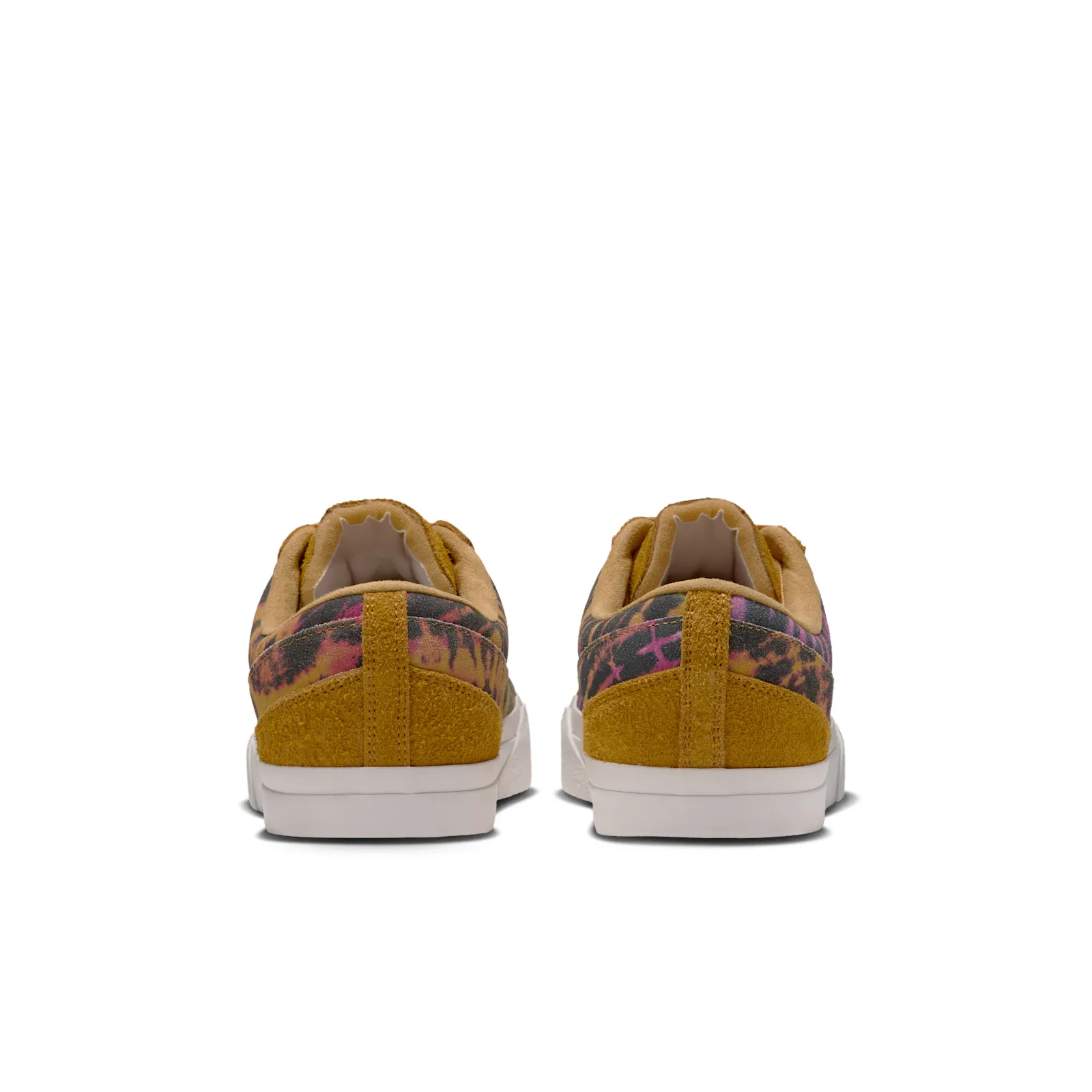 Heel view of pair, mustard suede heel tabs, tie-dye panels, white midsoles, Tie Dye