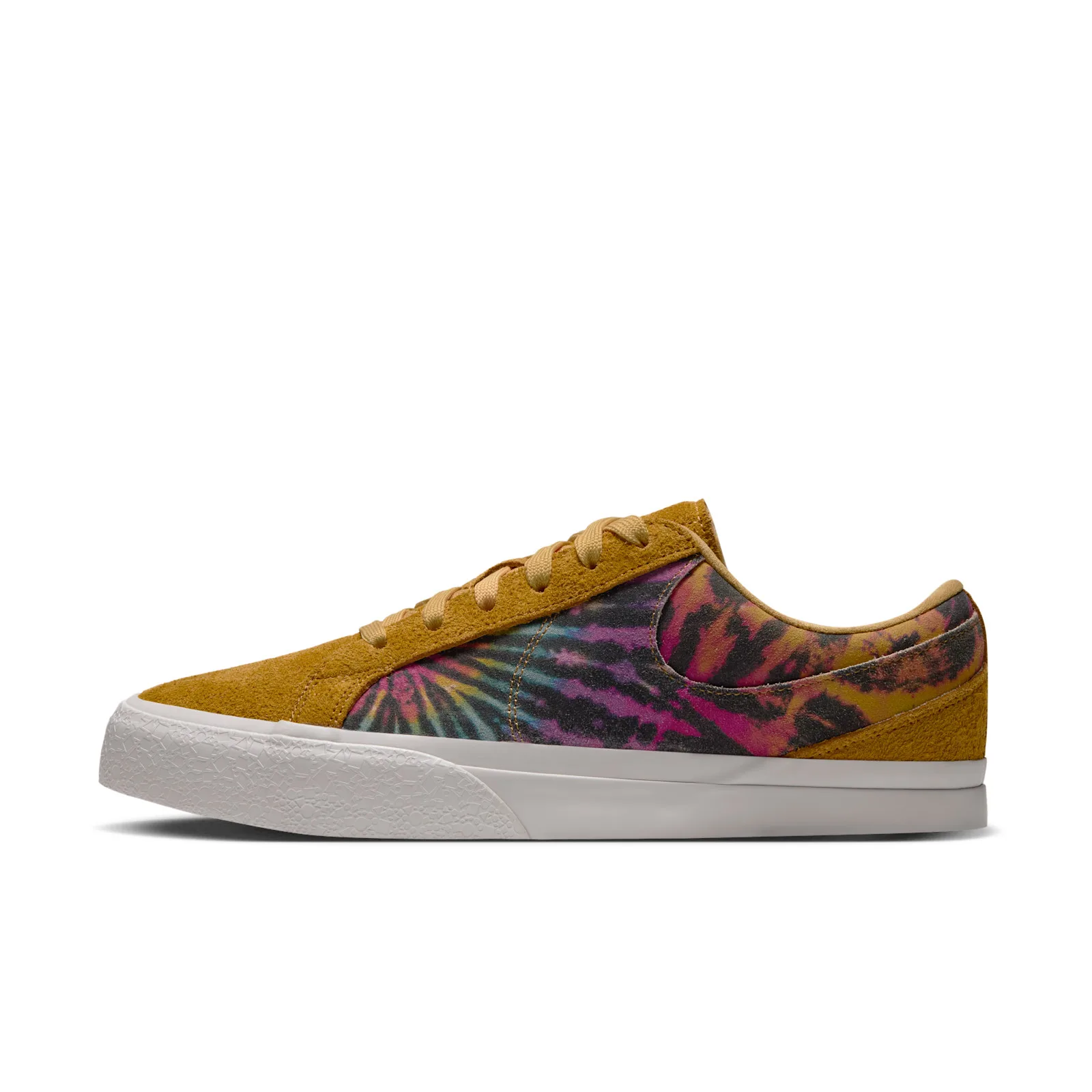 Lateral studio shot, mustard suede, multicolour tie-dye panel and swoosh, cracked-texture white toe, Tie Dye