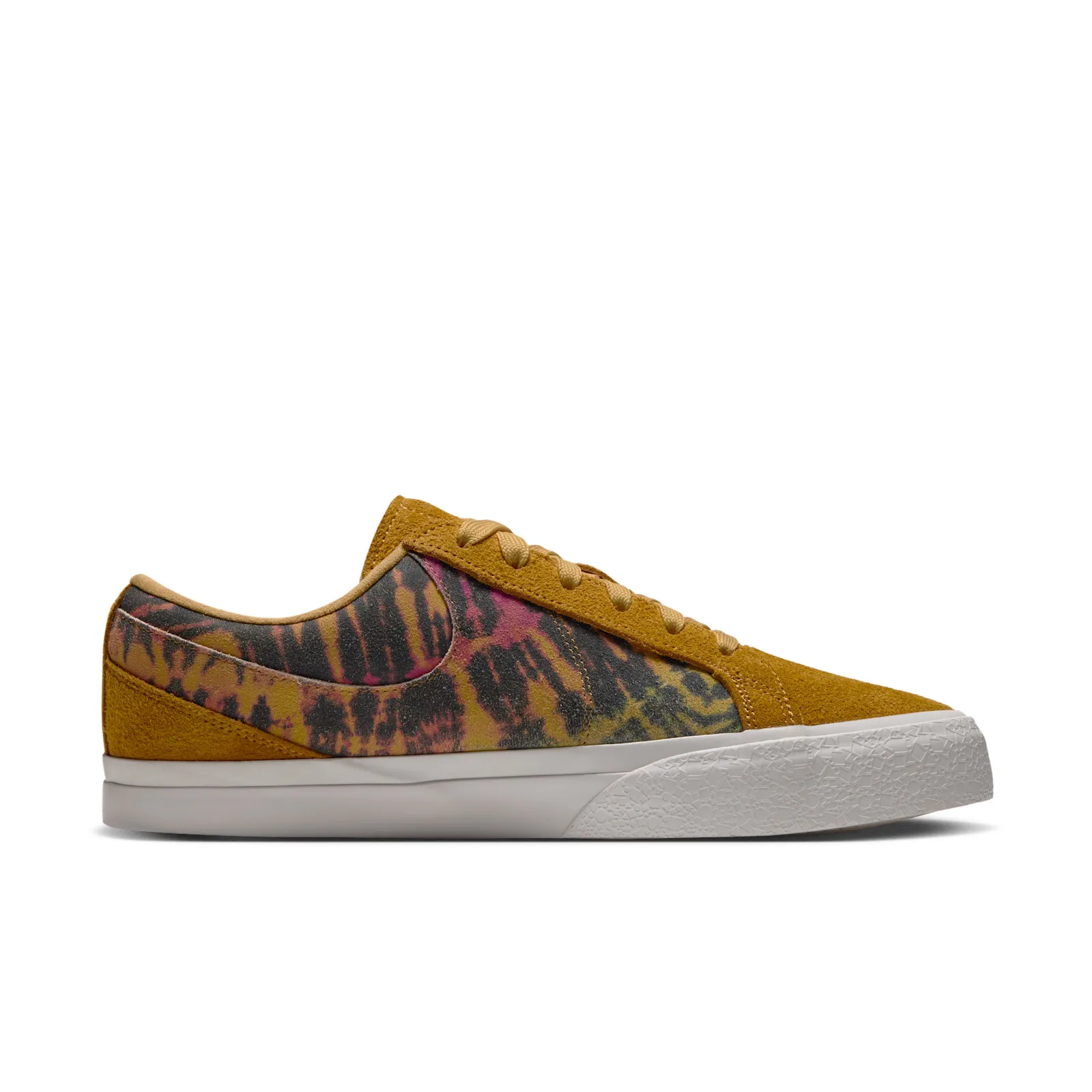 Medial view of mustard suede low-top, black, yellow and pink tie-dye panel and swoosh, Tie Dye