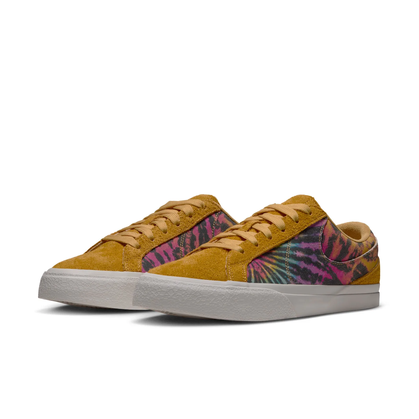 Pair at three-quarter angle, mustard suede with tie-dye side panels, white soles, Tie Dye