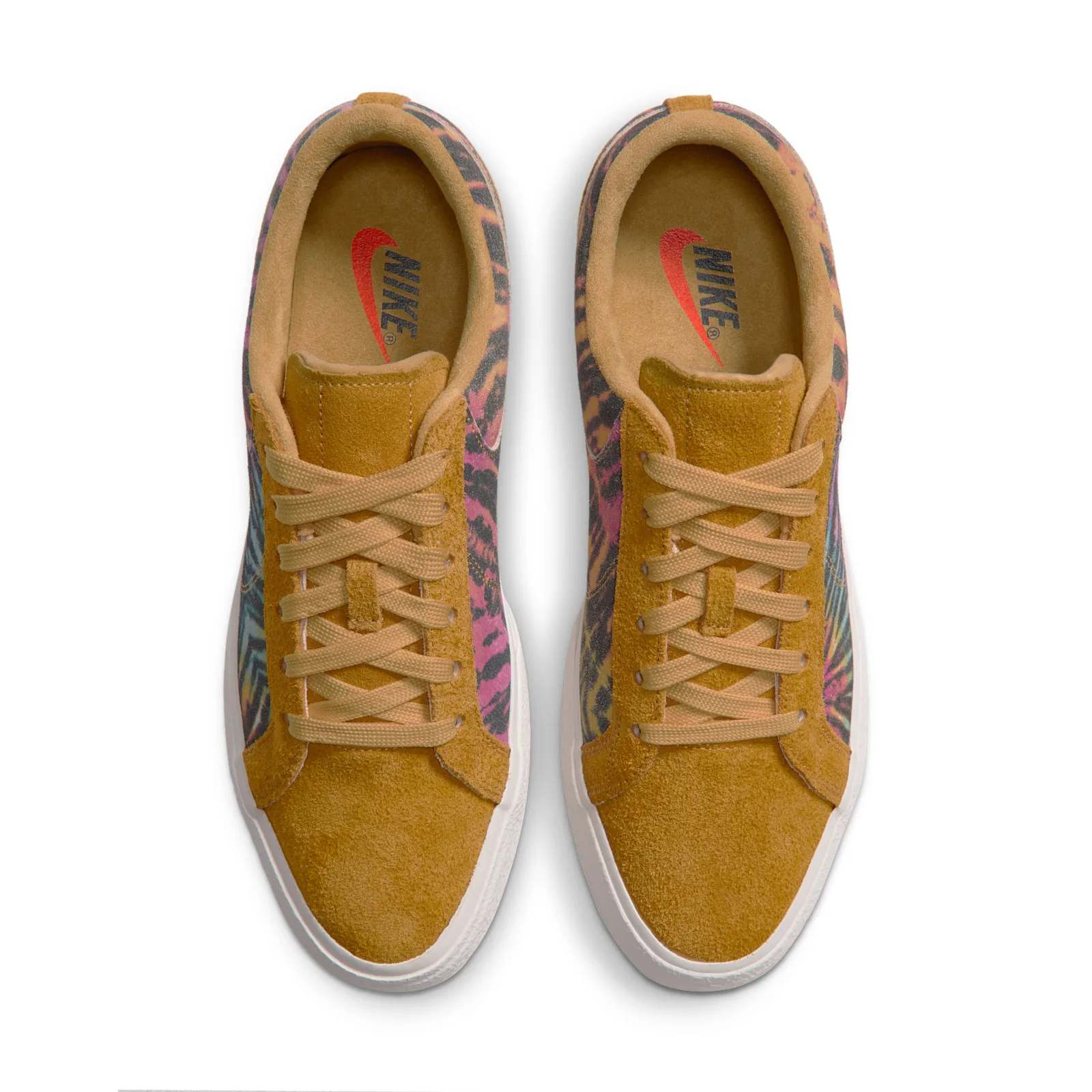 Top-down view of pair, mustard laces and suede toes, red Nike swoosh insoles, Tie Dye