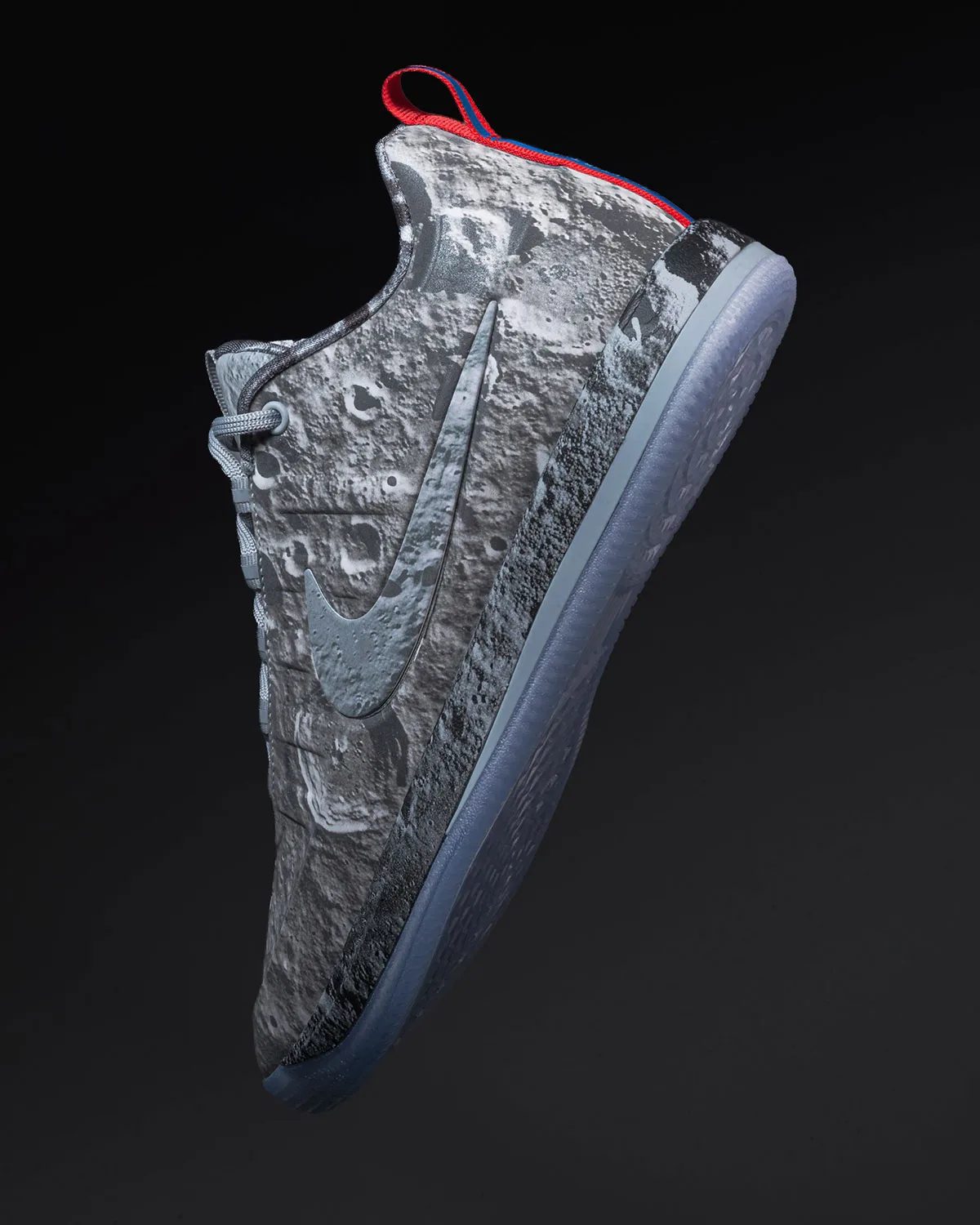 Lateral view with grey crater print, translucent sole and red heel loop, Moon Landing