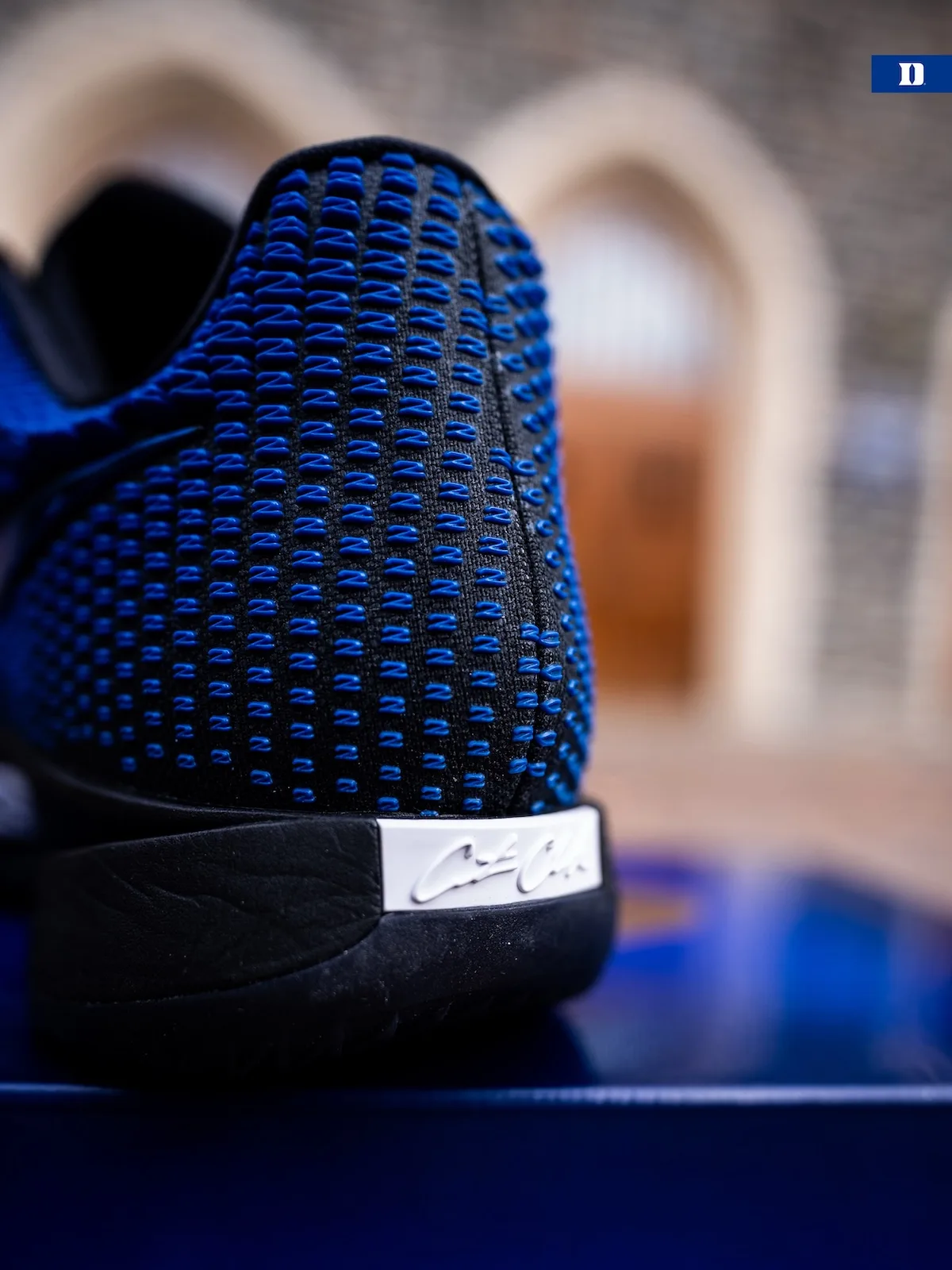 Heel detail, blue knit on black, white heel plate with raised signature, blurred arches, Duke