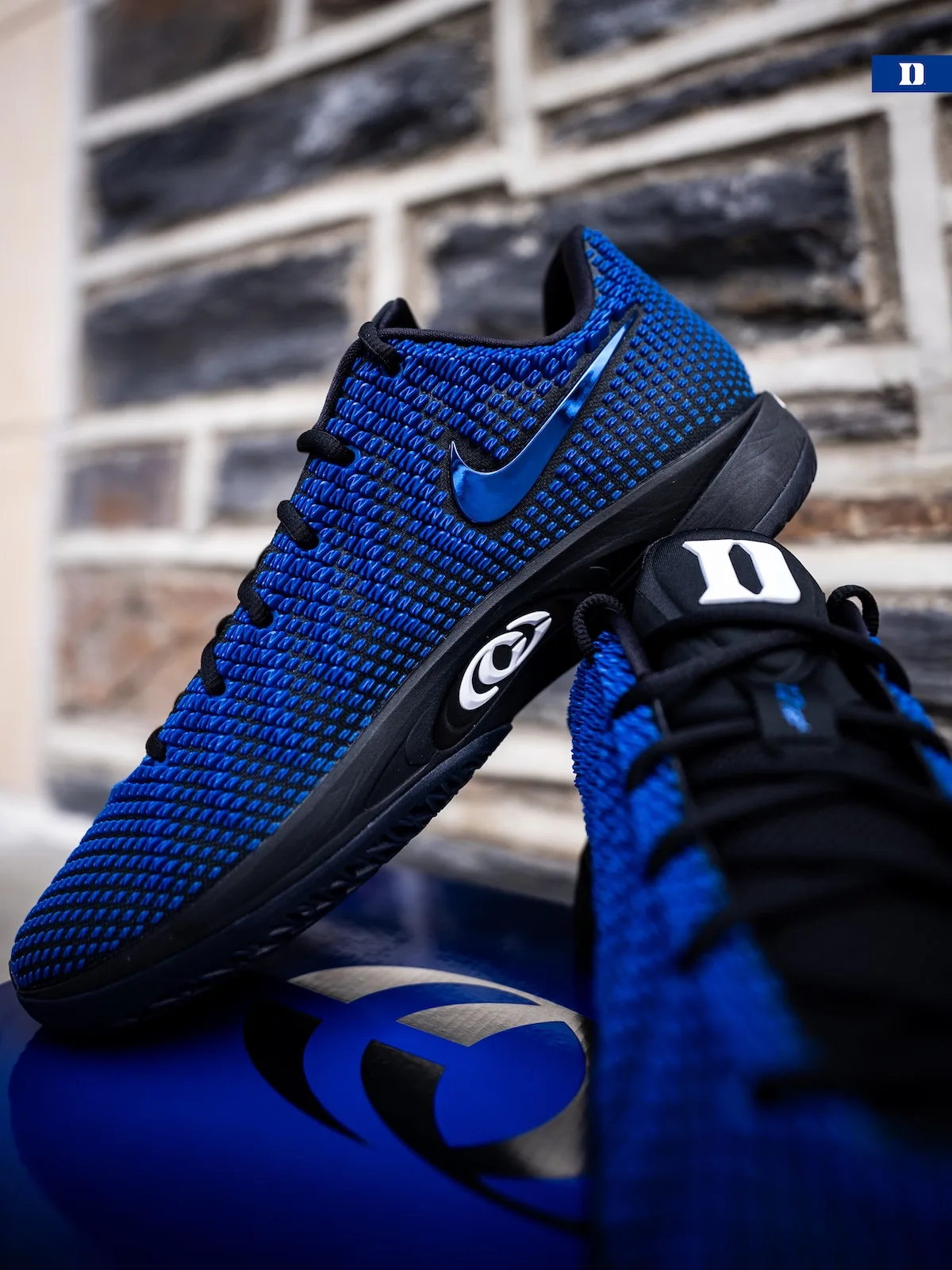 Lateral view propped on blue box with logo, blue knit, black sole, white Duke D tongue, Duke