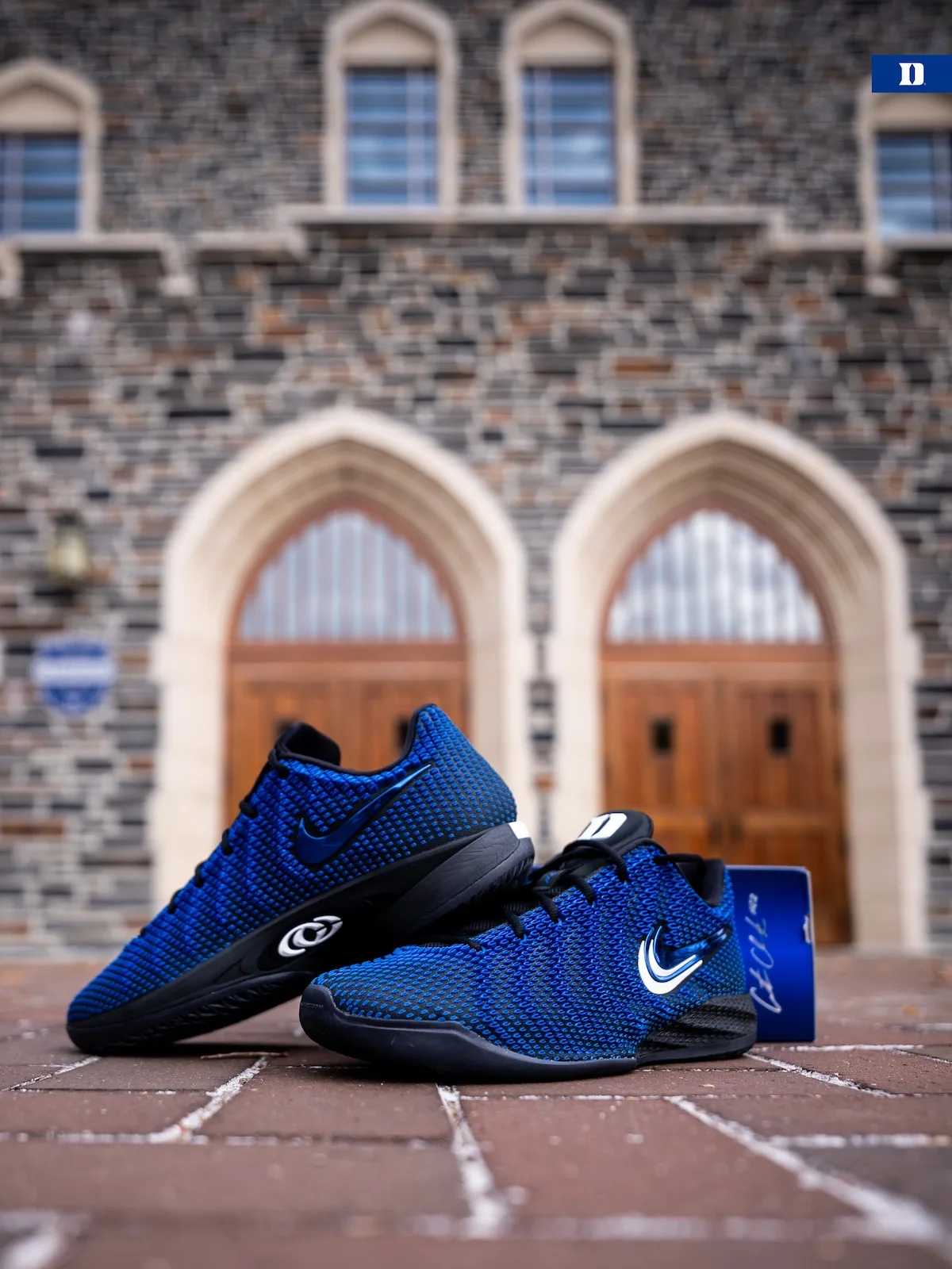 Pair outside arched wooden doors, blue knit, black soles, signature box at right, Duke