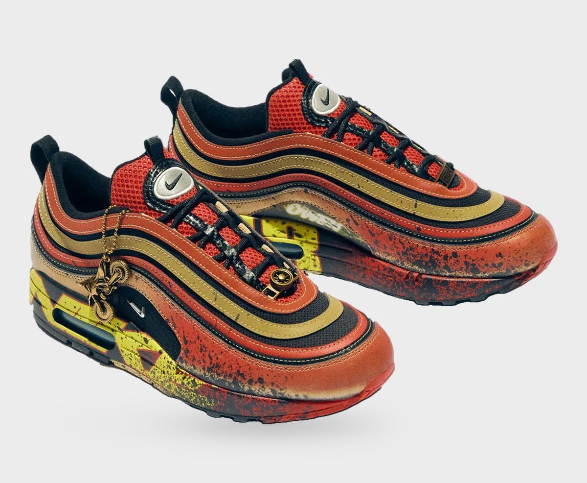 Pair in red, gold and black wavy stripes with yellow lettering and a motorbike charm, Freestyle 2027 Collection