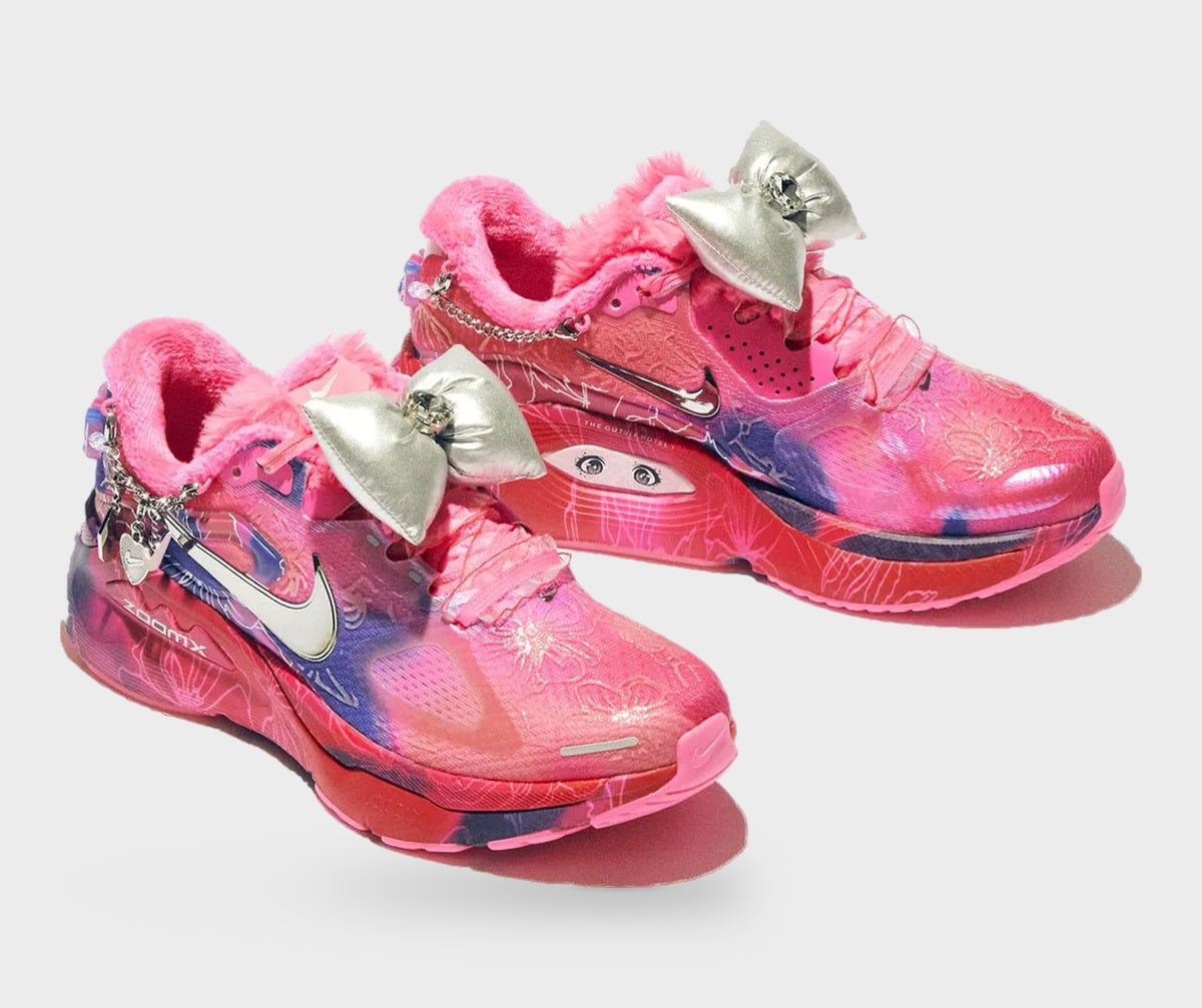 Pair in pink and purple with fuzzy collars, silver bows, chain charms and eyes on the midsole, Freestyle 2027 Collection