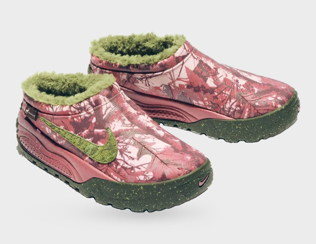 Pair of pink camo slip-ons with green fleece lining, green swoosh and speckled dark green soles, Freestyle 2027 Collection