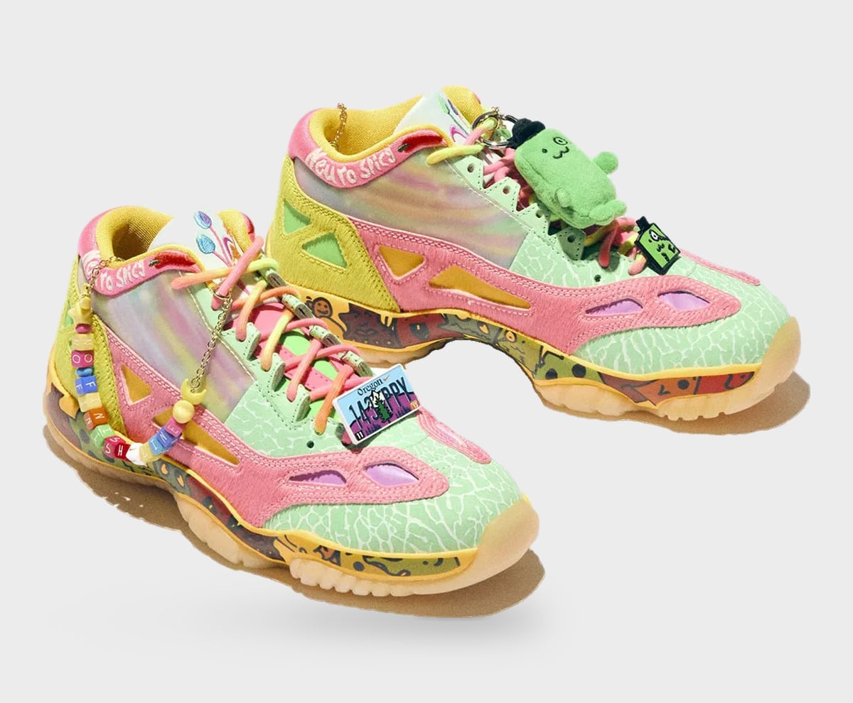 Pair in mint, pink and yellow with iridescent panels, bead charm, green plush toy and Oregon plate, Freestyle 2027 Collection
