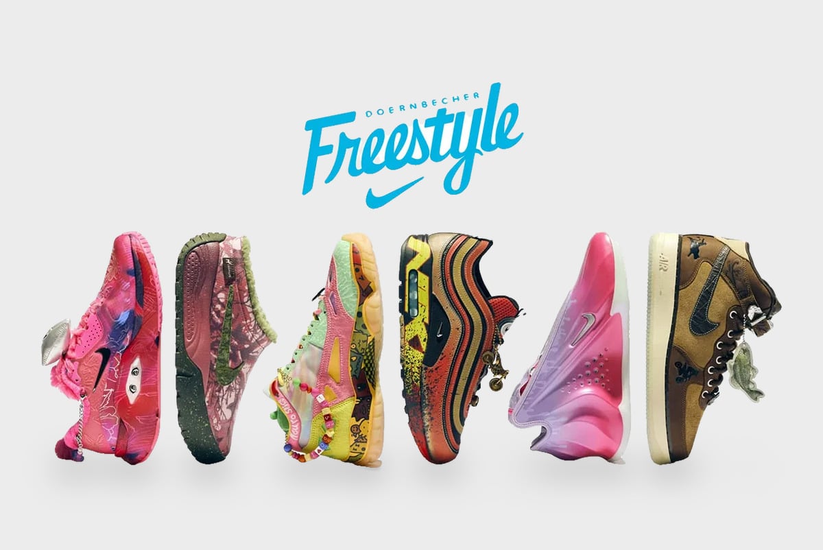 Six sneakers in a lateral row under the Doernbecher Freestyle logo in blue, on grey, Freestyle 2027 Collection