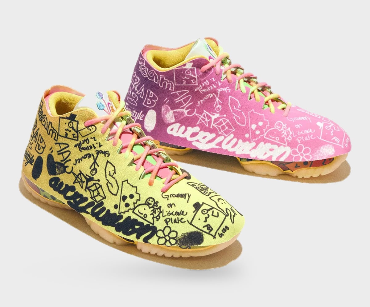 Pair in yellow and pink covered in black and white doodles, handwriting and pastel laces, Freestyle 2027 Collection