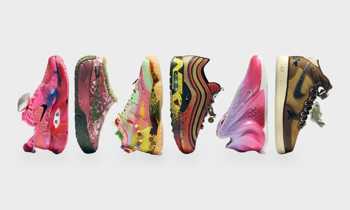 Six sneakers in a lateral row, from pink with bow to brown mid-top, on grey, Freestyle 2027 Collection