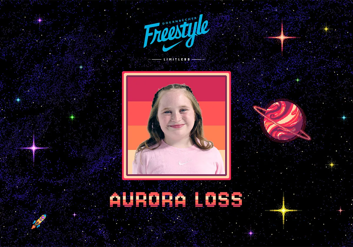 Banner with Aurora Loss portrait in a pink frame, pixel-art space background, Freestyle logo, Freestyle 2027 Collection