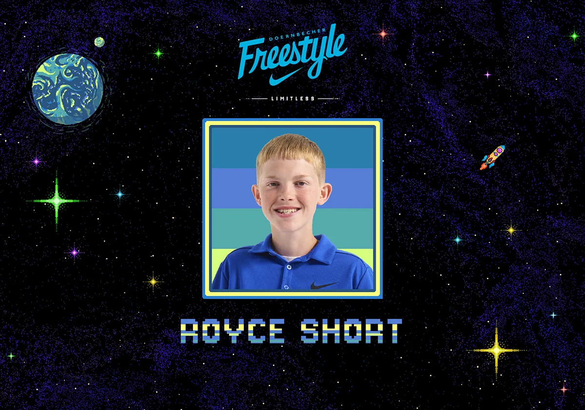 Banner with Royce Short portrait in a blue frame, pixel-art space background, Freestyle logo, Freestyle 2027 Collection