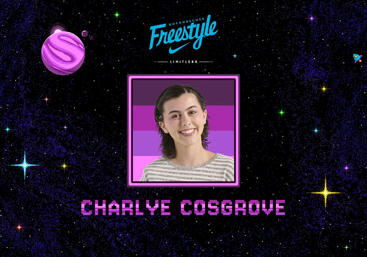 Banner with Charlye Cosgrove portrait in a purple frame, pixel-art space background, Freestyle logo, Freestyle 2027