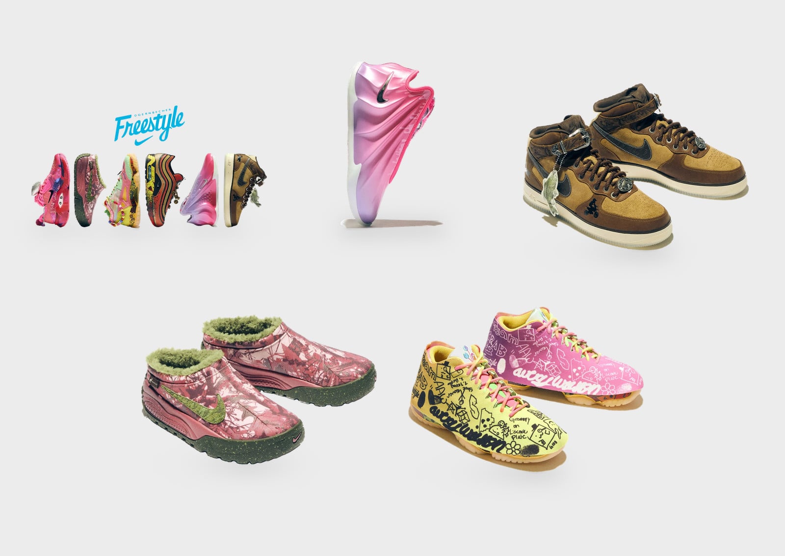 Five shoes on grey: Freestyle logo with lateral lineup, plus pink, brown, camo, Nike Doernbecher Freestyle 2027 Collection