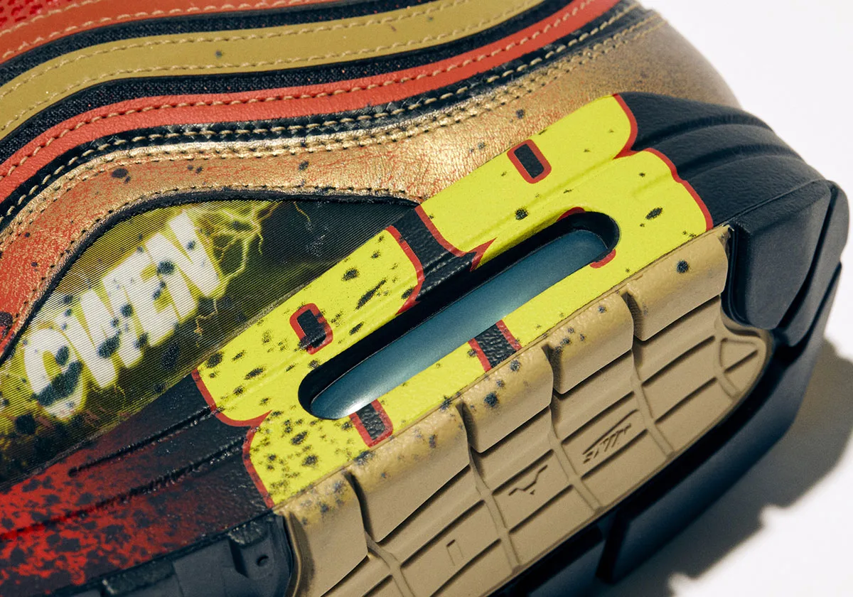 Detail of a heel with yellow lettering, visible air window, red stripes and tan tread, Freestyle 2027 Collection
