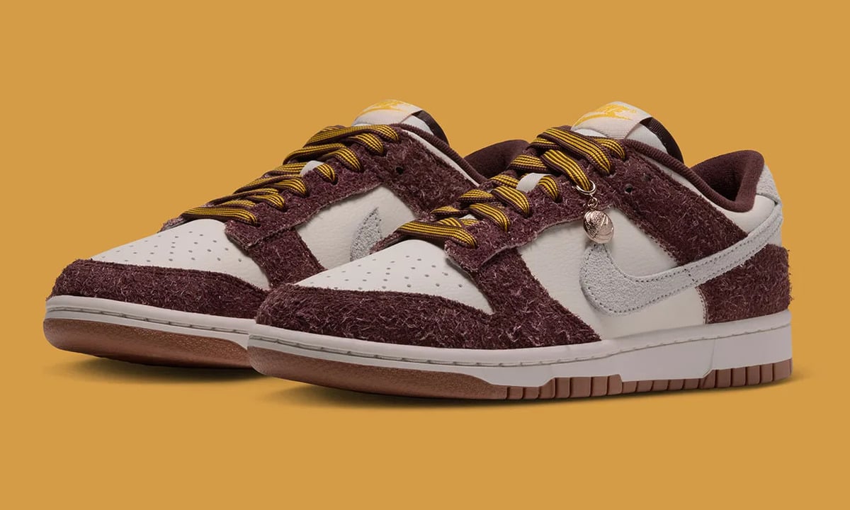 Pair, angled front view, burgundy shaggy suede, striped gold laces, charm on one shoe, Basketball Charm