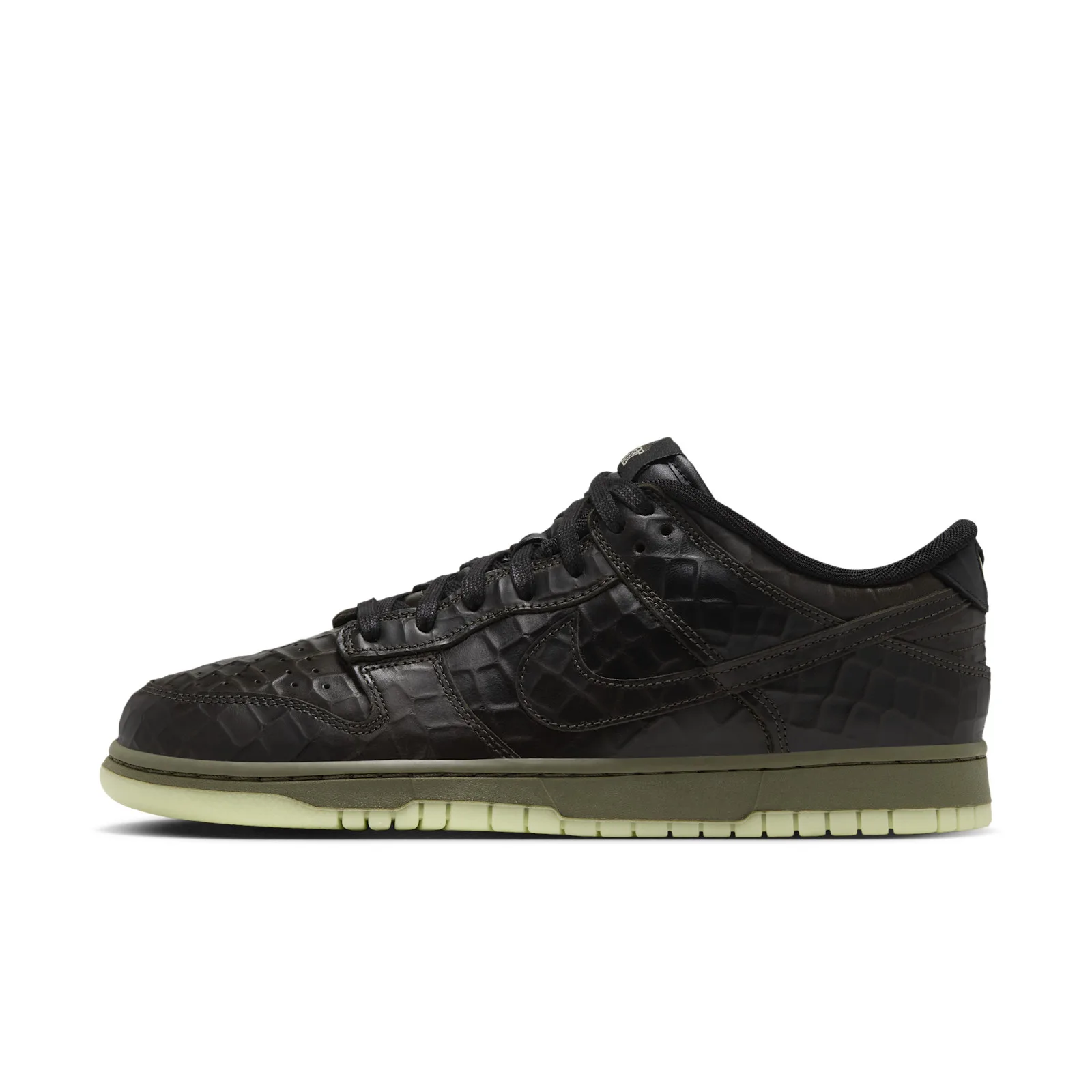 Lateral view with black reptile-textured panels and an olive midsole, Halloween