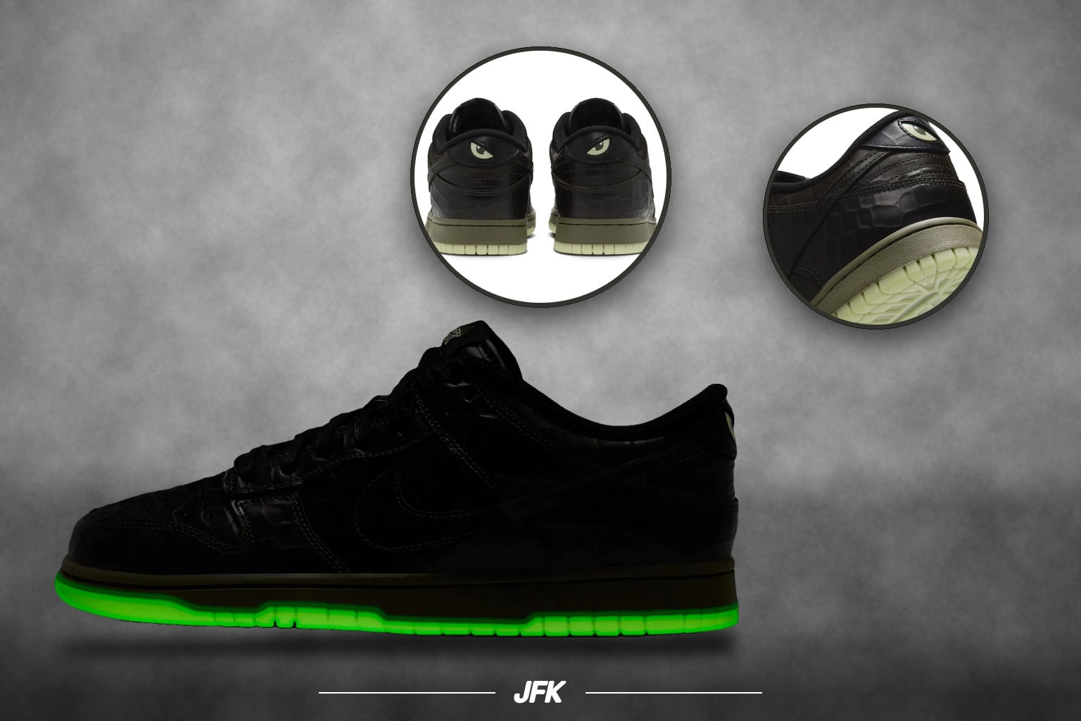 Lateral view with a glowing green outsole and circular heel detail insets, Nike Dunk Low “Halloween”