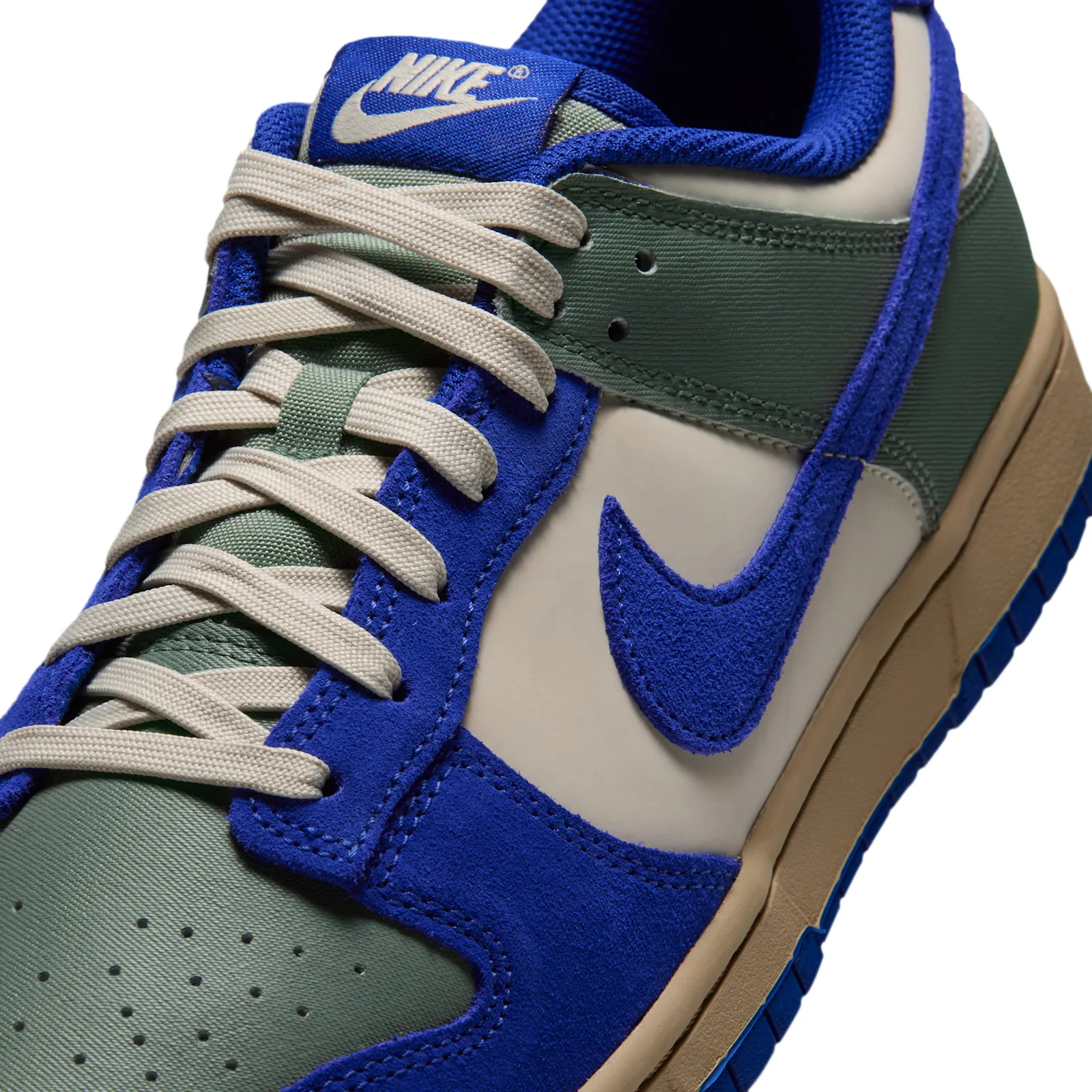 Lace and side detail with blue suede Swoosh and green woven panels, Jade Stone