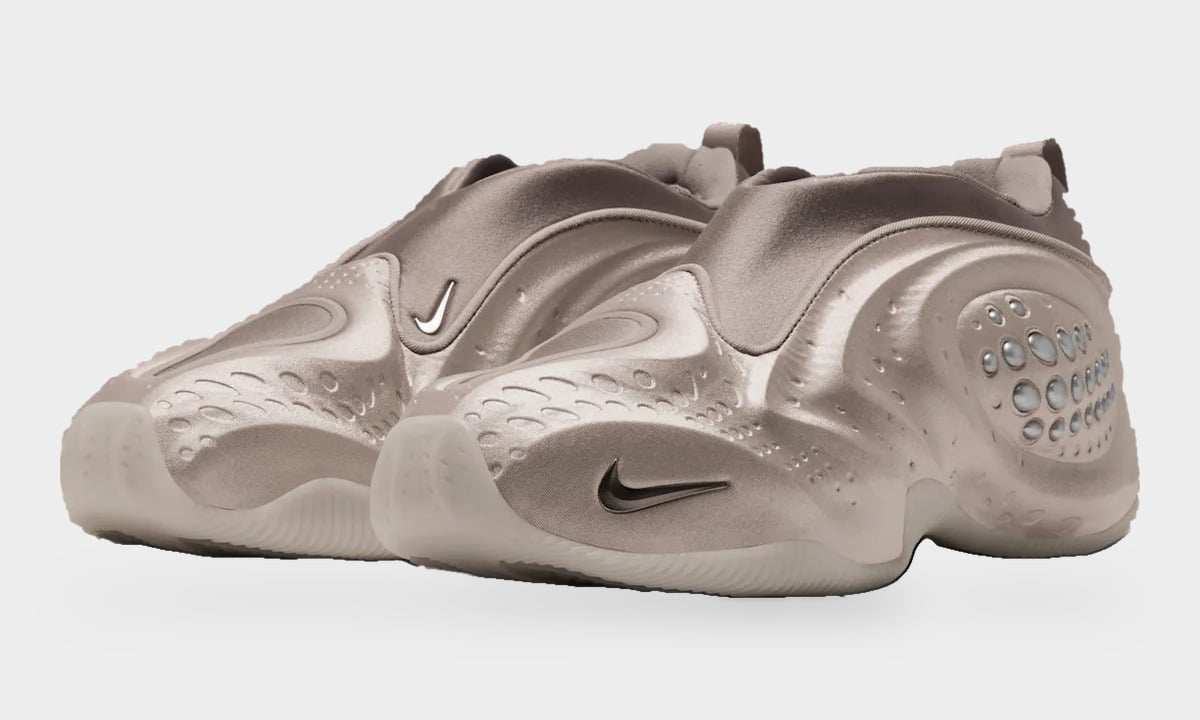Pair, three-quarter front view, taupe satin uppers, silver bead panels and cream translucent soles, Cream II