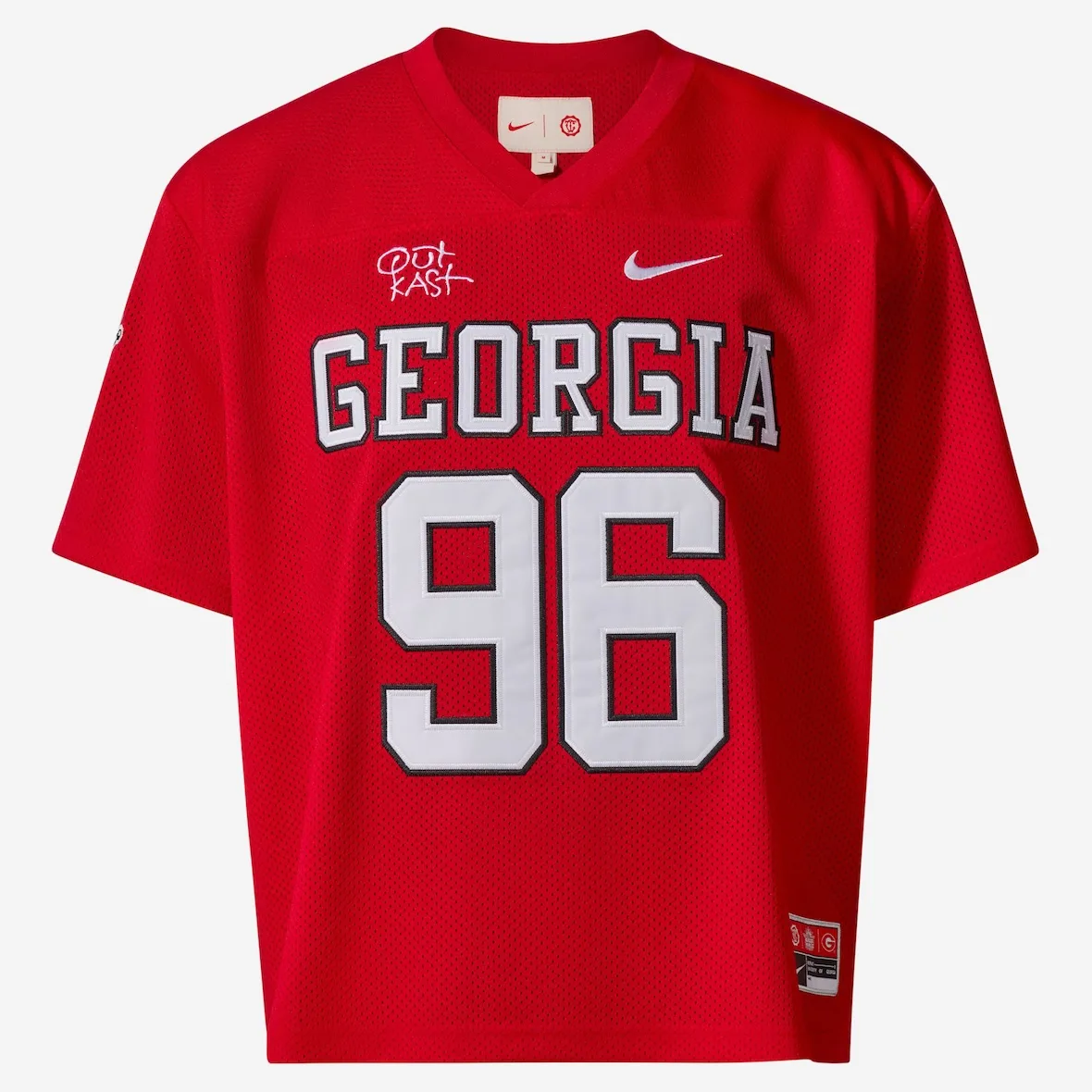 Front of red mesh V-neck jersey with GEORGIA and 96 in white, Nike swoosh and Outkast script, Outkast Football Collection