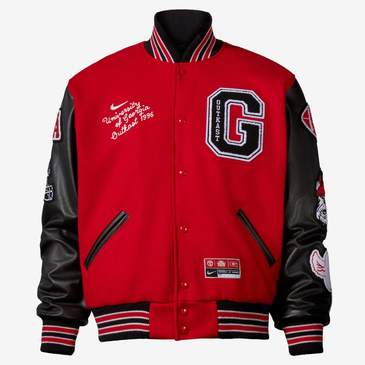 Front of red wool varsity jacket with black leather sleeves, chenille G patch and script text, Outkast Football Collection