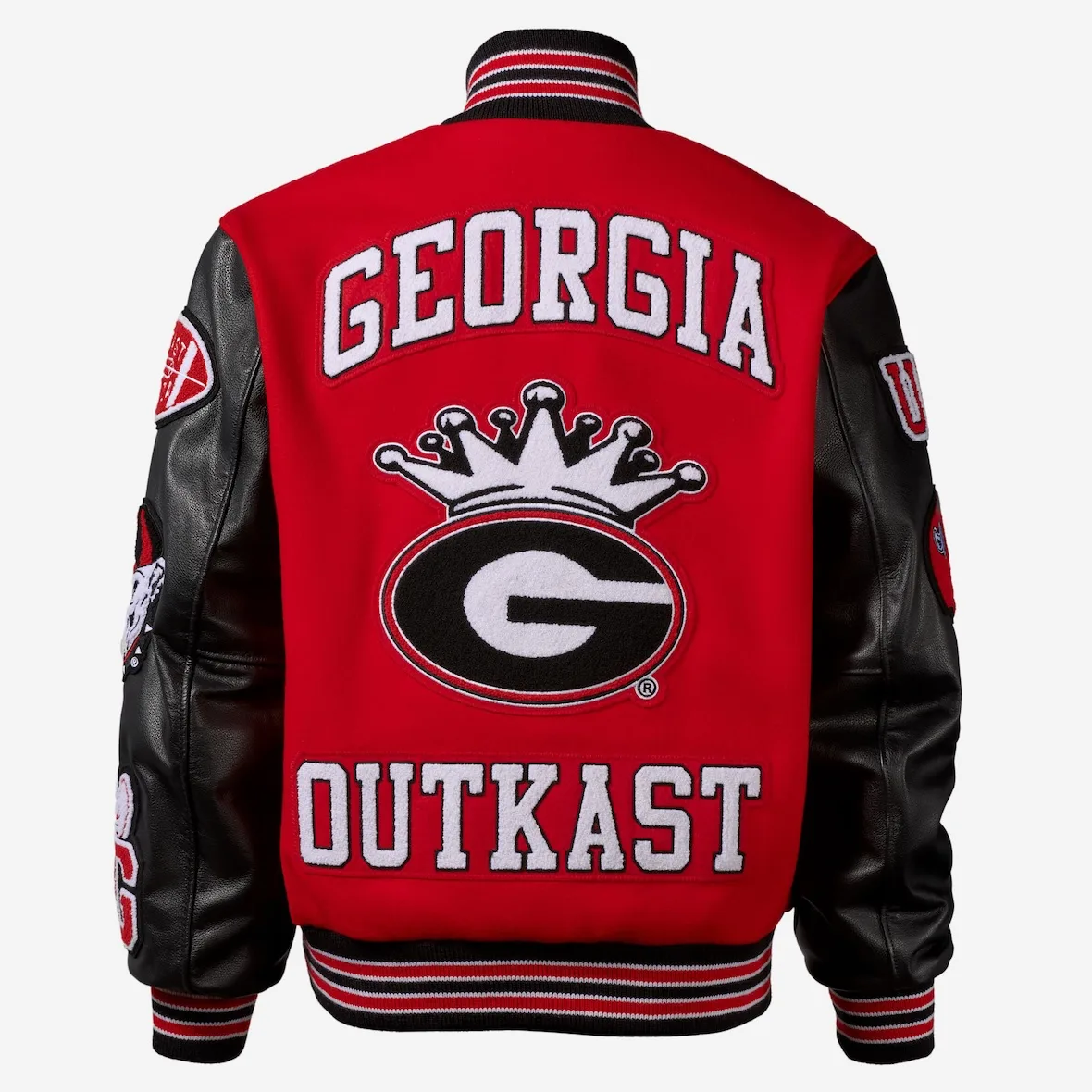 Back of red and black varsity jacket with GEORGIA, crowned G logo and OUTKAST chenille patches, Outkast Football Collection