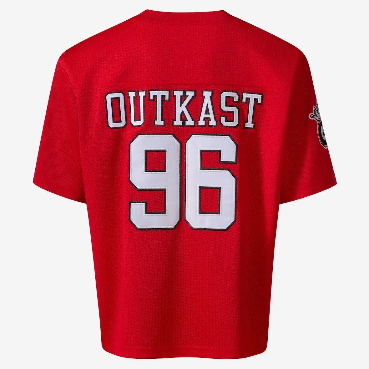 Back of red mesh jersey with white OUTKAST lettering and large 96 number, flat lay, Outkast Football Collection