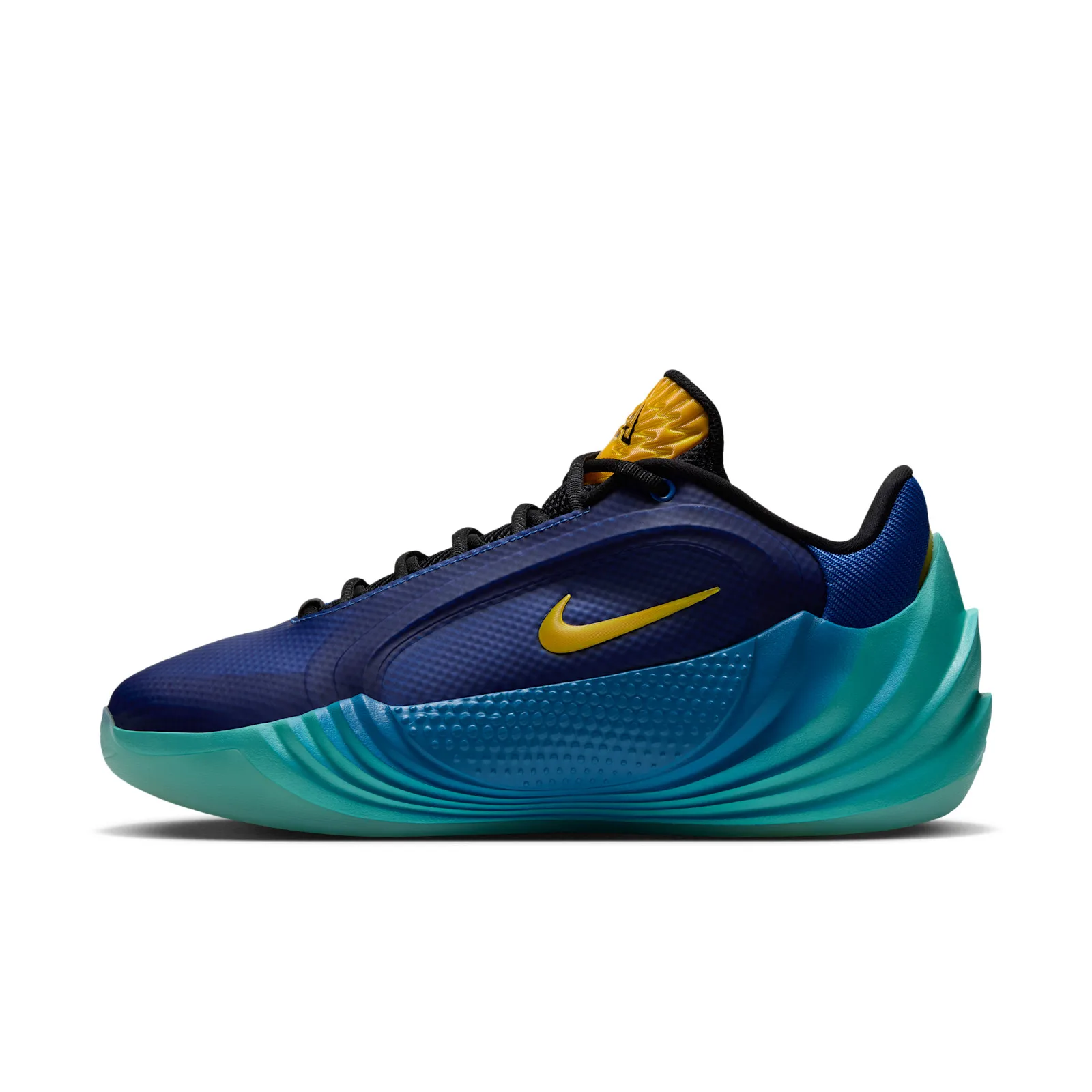 Lateral view with a yellow Swoosh and curved ridges along the teal sole, Star Blue