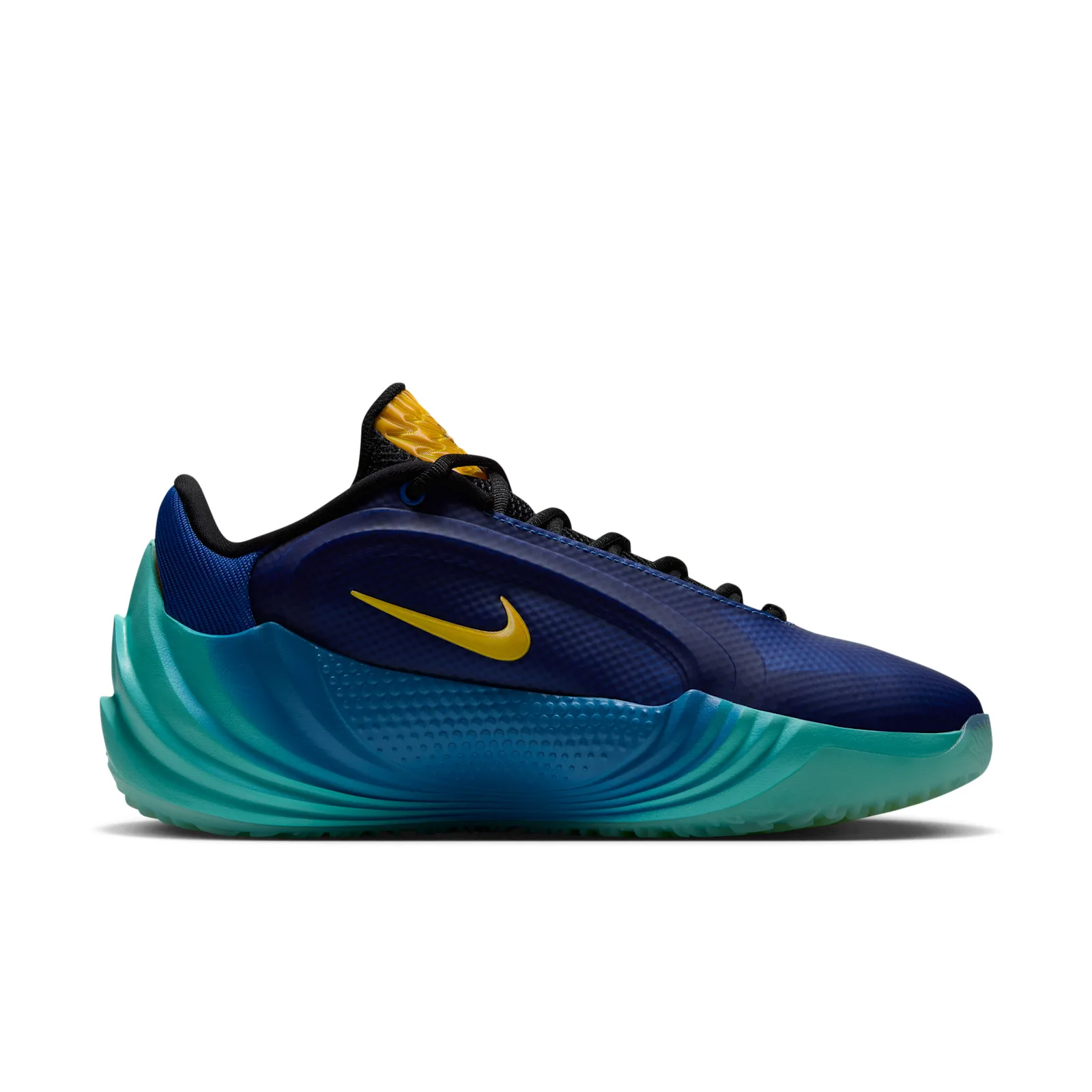 Medial view with a yellow Swoosh, dark blue upper and ridged teal sole, Star Blue