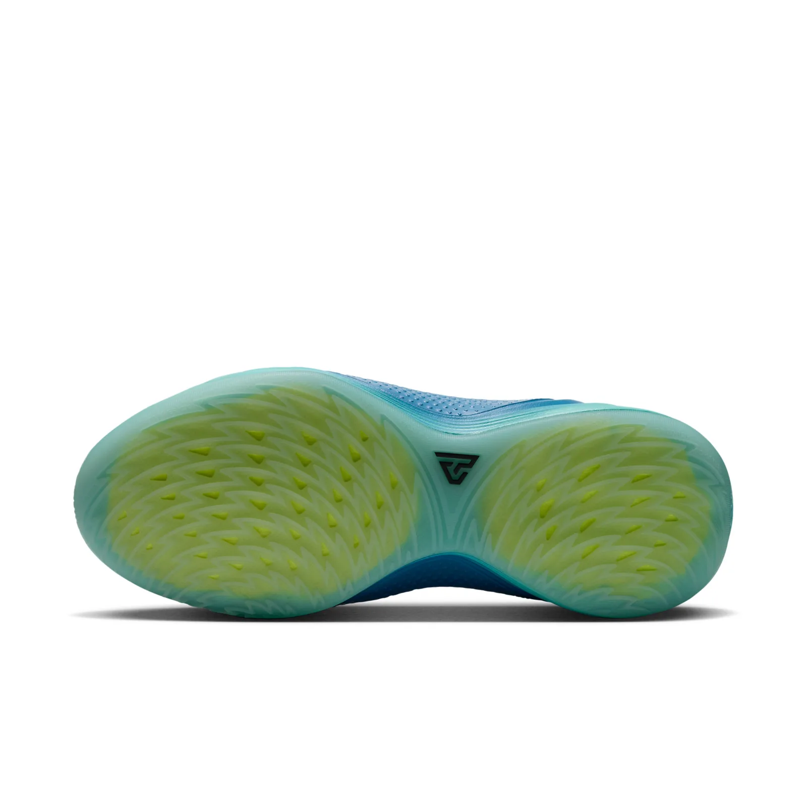 Outsole view with translucent aqua rubber and lime zigzag tread, Star Blue