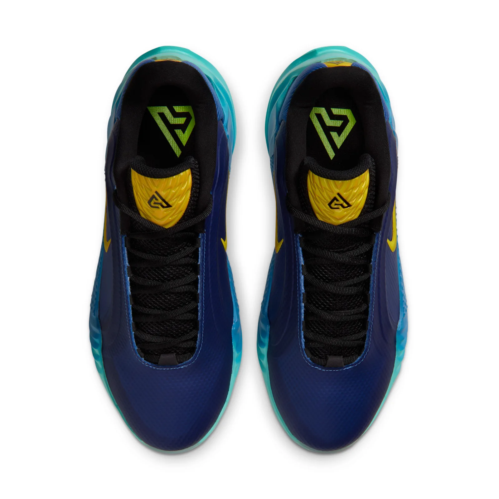 Top-down pair with black laces, yellow tongues and green insole logos, Star Blue