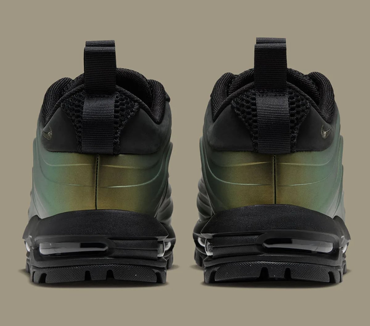 Heel view of pair, black pull tabs, mesh collar, green-gold sheen above black sole, Metallic Gold