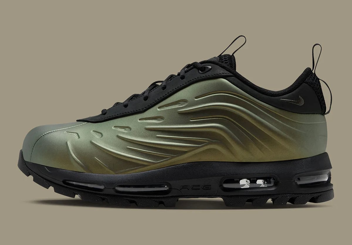 Lateral view, ridged iridescent green-gold upper, black midsole with ACG text, Metallic Gold
